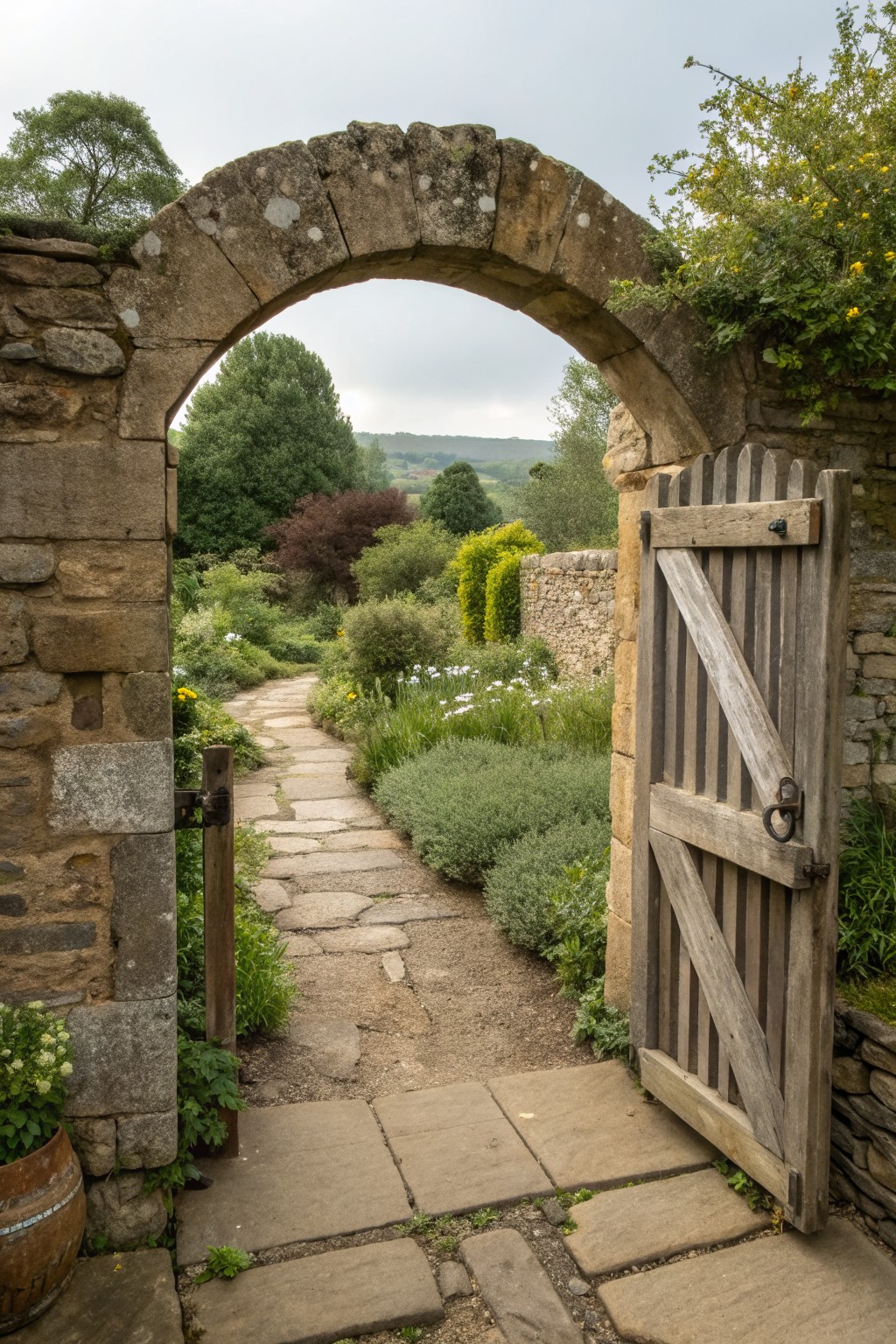 A weathered stone archway with an open wooden gate frames a stone path through a lush garden.