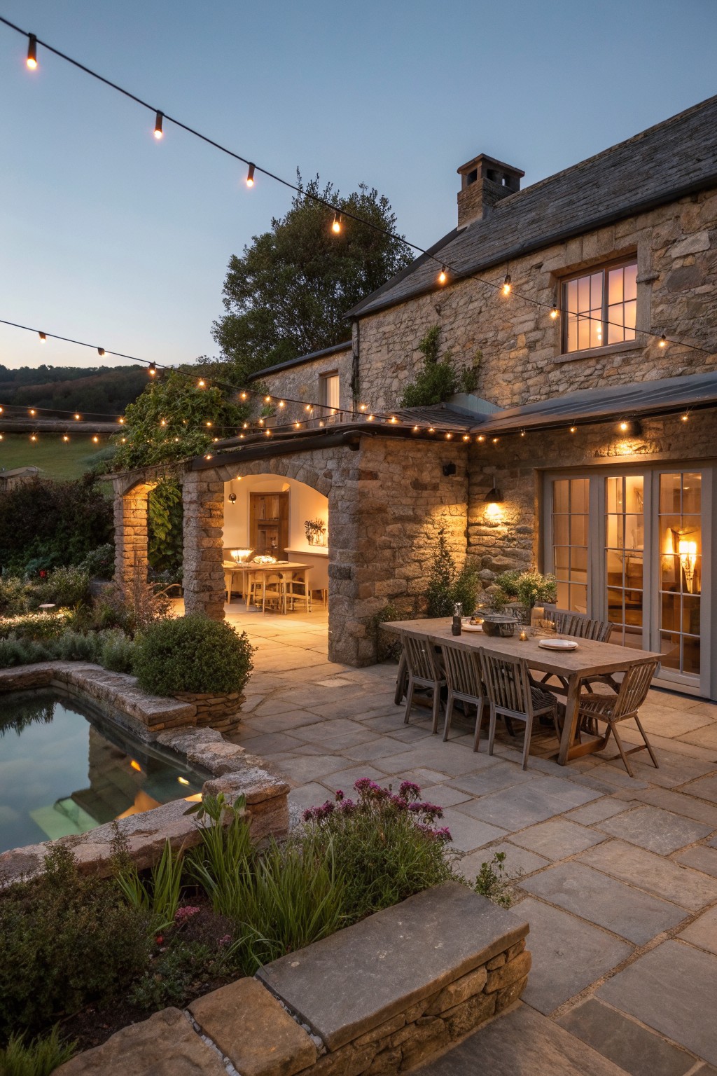 Stone house patio with wooden dining table, string lights, pond and garden at dusk