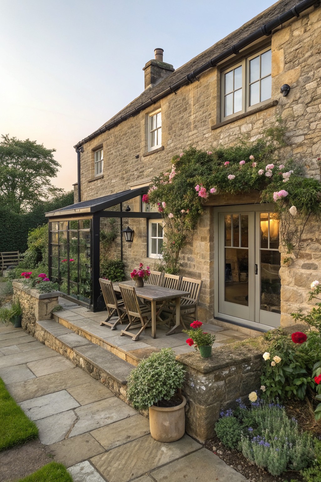 A stone cottage exterior with a wooden dining table and chairs placed on a raised stone patio beside a glass conservatory and climbing roses.