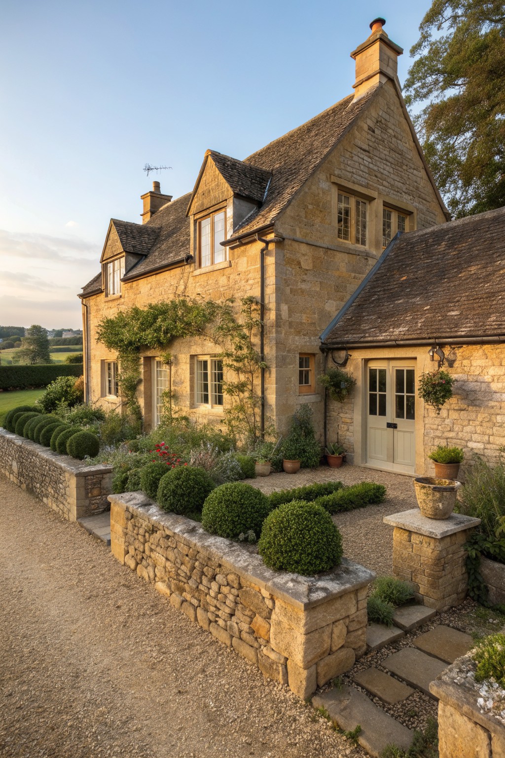 Stone house with sloped roof, garden, topiary bushes and gravel path.