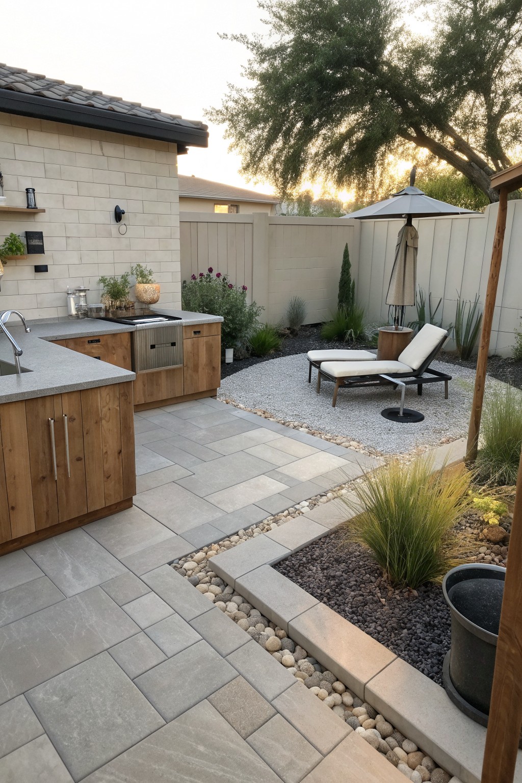 A backyard patio features an outdoor kitchen with wooden cabinets and a stone countertop, next to a paved area and a gravel seating zone with two lounge chairs.
