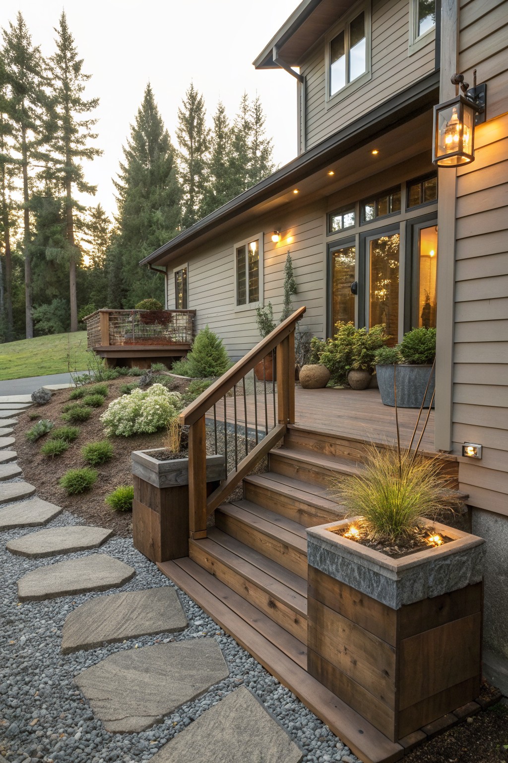 Wooden stairs with lit planters lead to modern house deck by stone path.