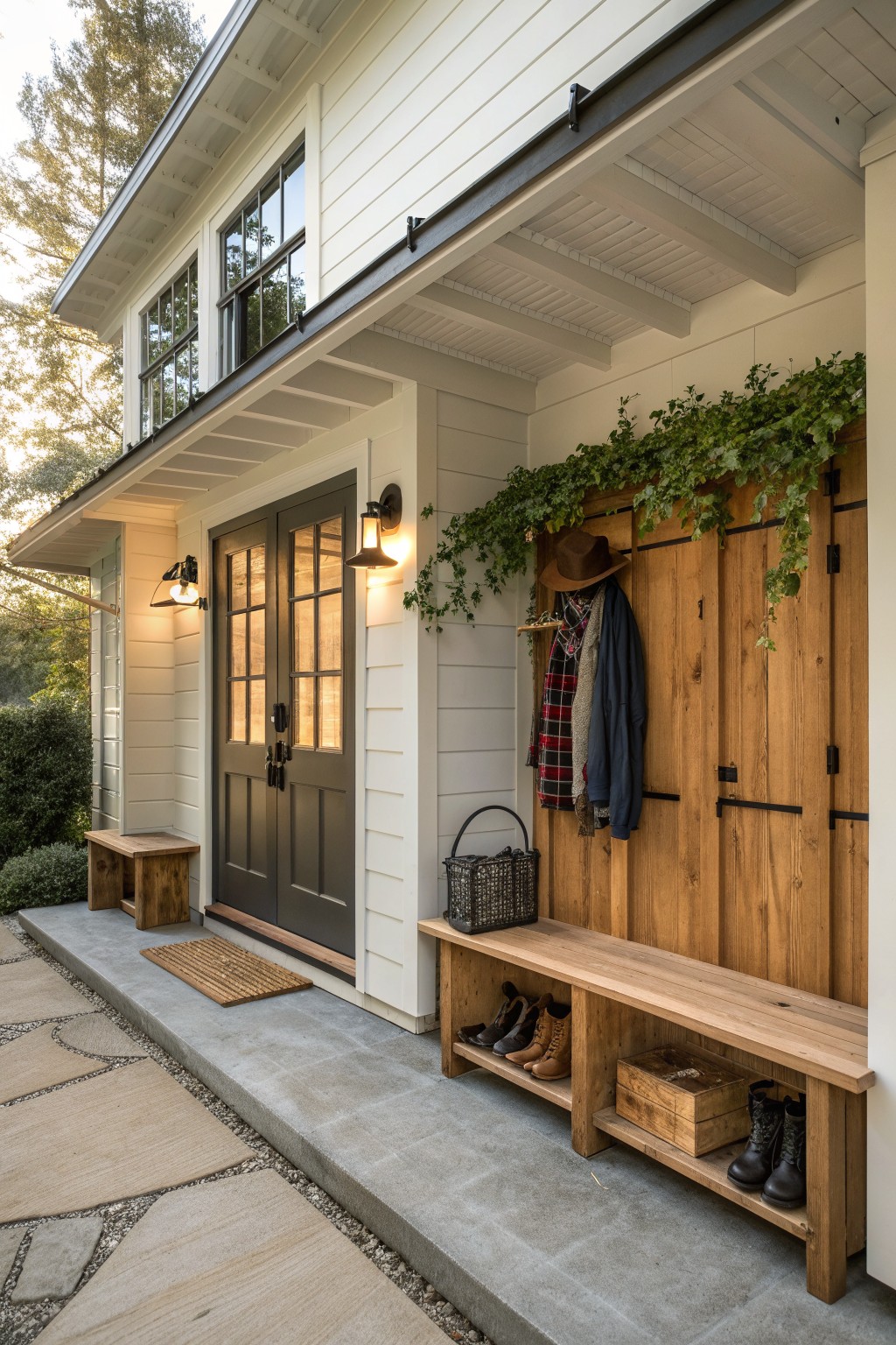 A house entry with dark double doors, a long wooden bench with boots stored underneath, wall hooks holding jackets and a hat, and adjacent wooden doors with greenery.