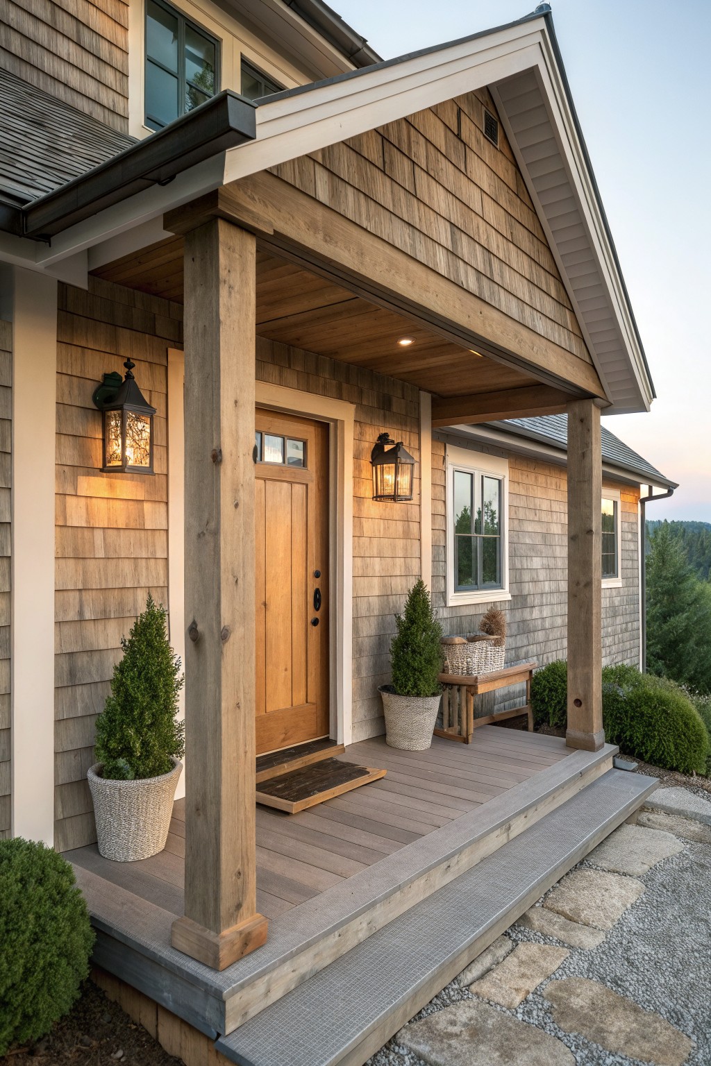 A front view of a rustic wood-shingled house with a covered porch supported by large timber posts, a wooden front door, and two black lanterns.