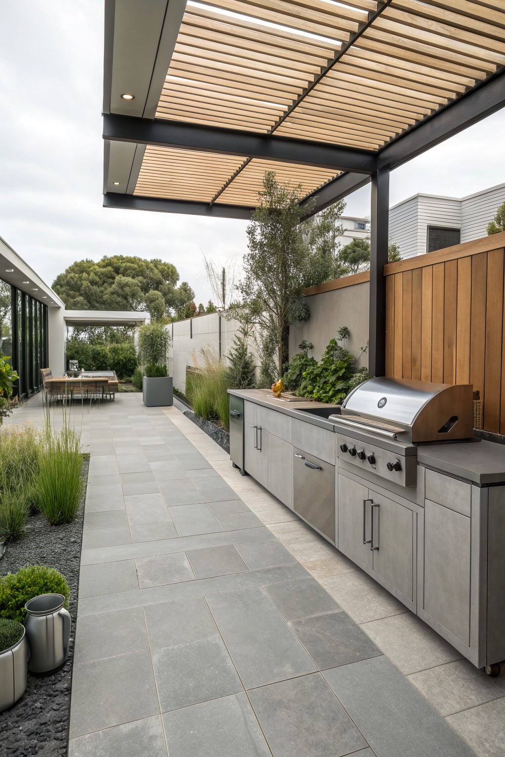 An outdoor kitchen with stainless steel cabinets and grill under a wooden slat pergola on a stone patio.