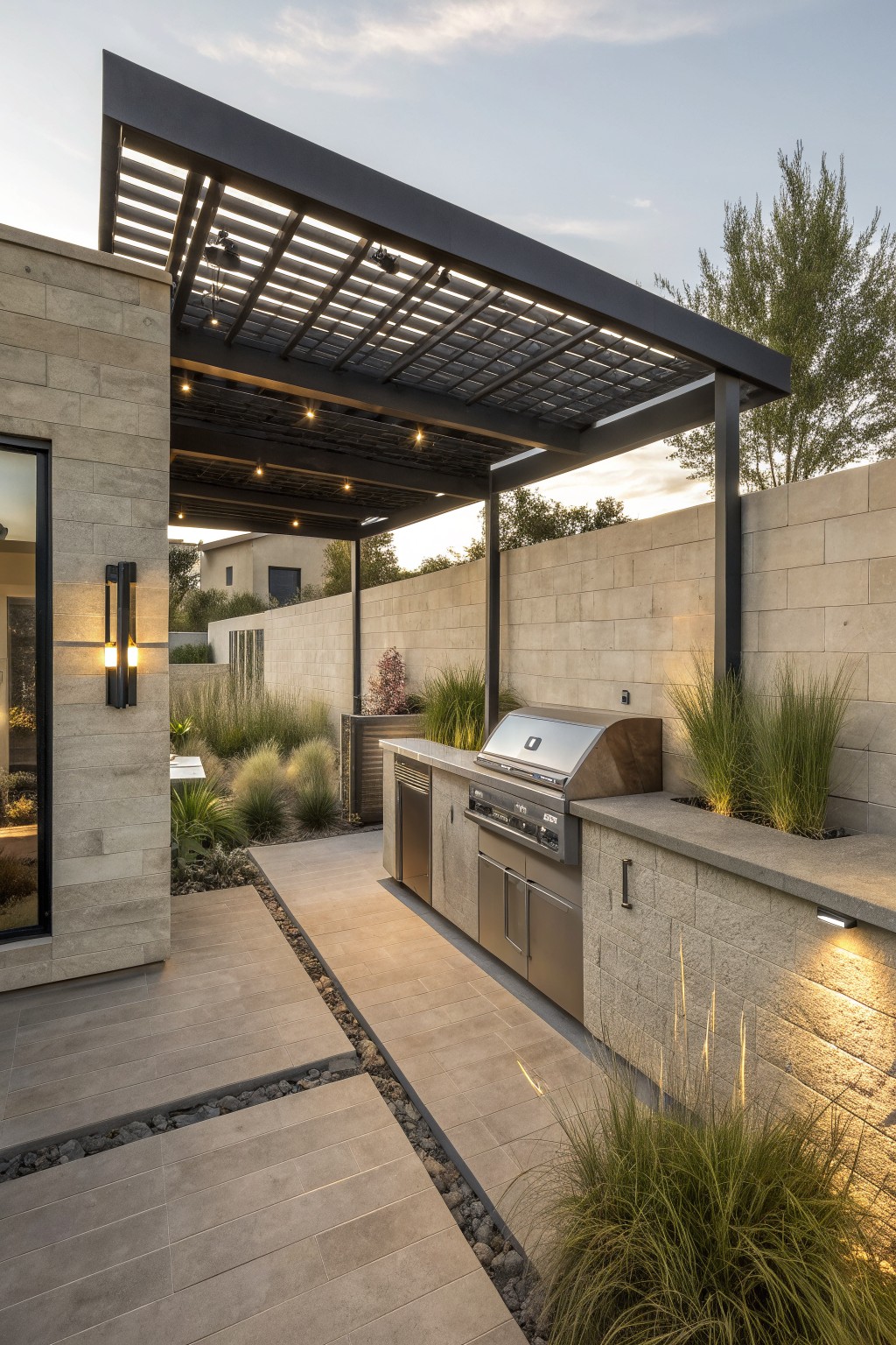 An outdoor kitchen with stainless steel appliances under a slatted pergola, set against stone walls and paved ground with surrounding plants.