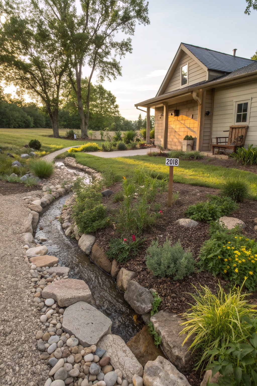 Beige house beside rock-lined creek, lush garden plants, and 2018 signpost.