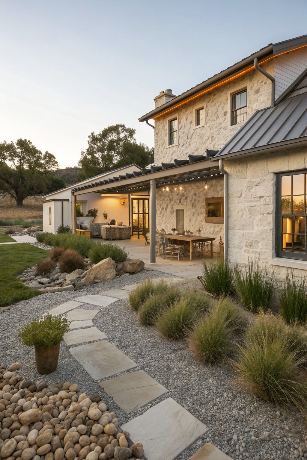 Stone house exterior with attached covered patio containing a long wooden dining table and chairs, gravel paths, and low ornamental grasses.