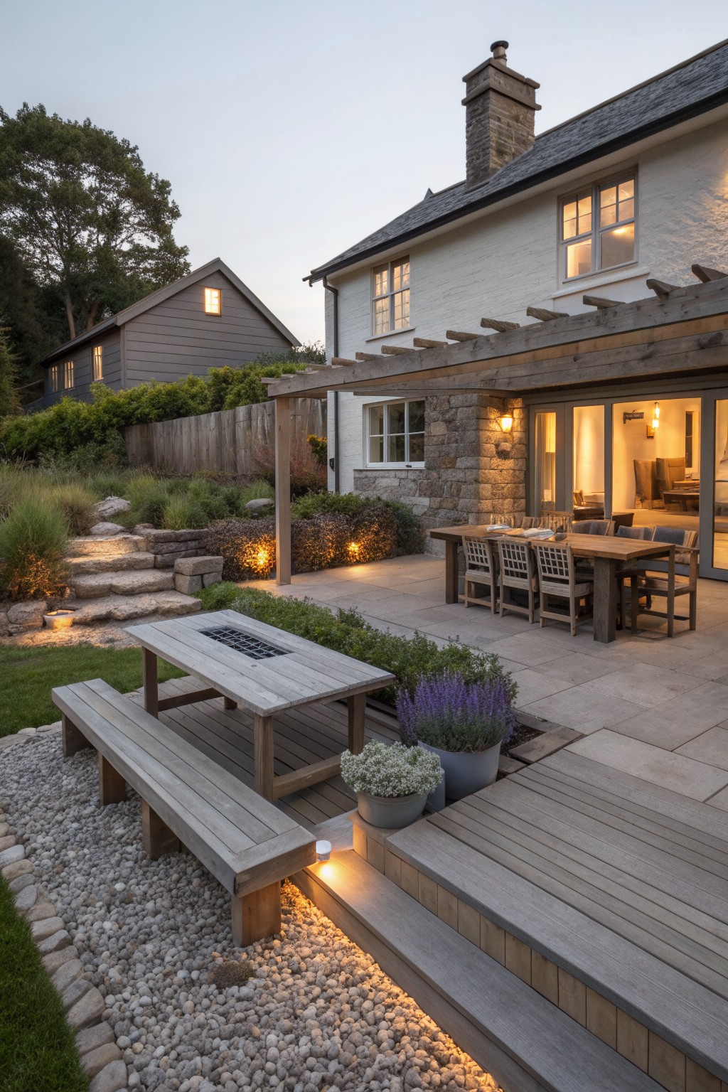 A white rustic house with stone accents features a large wooden pergola covering a stone patio with an outdoor dining table and chairs, next to a gravel area holding a picnic table.
