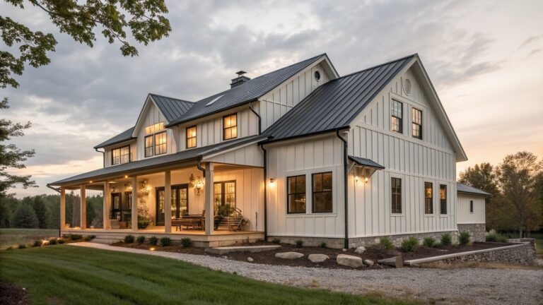 A white two-story farmhouse with board and batten siding, a black metal roof, covered porch, and stone foundation beside a gravel path.