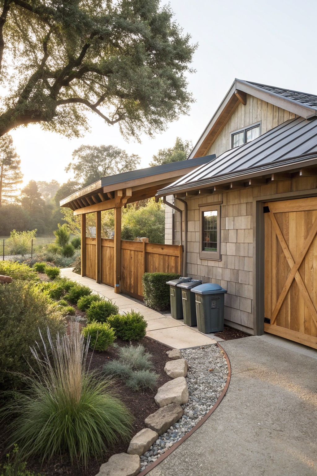 A side view of a rustic wooden farmhouse showing a gravel bed edged with large stones, three trash bins, a concrete path, and a covered wooden walkway.