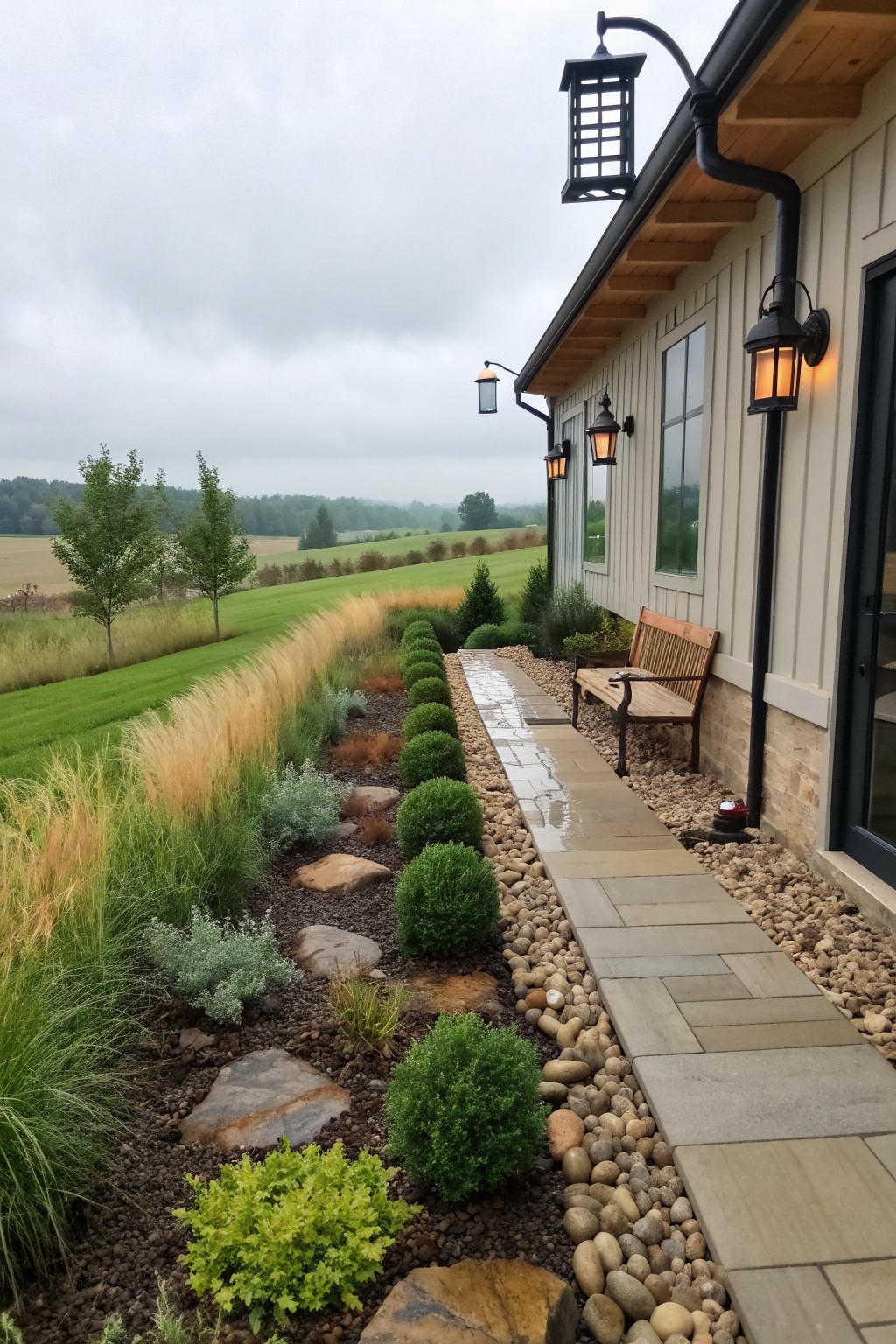 A stone pathway runs next to a house with gravel beds filled with round green shrubs, grasses, and rocks.