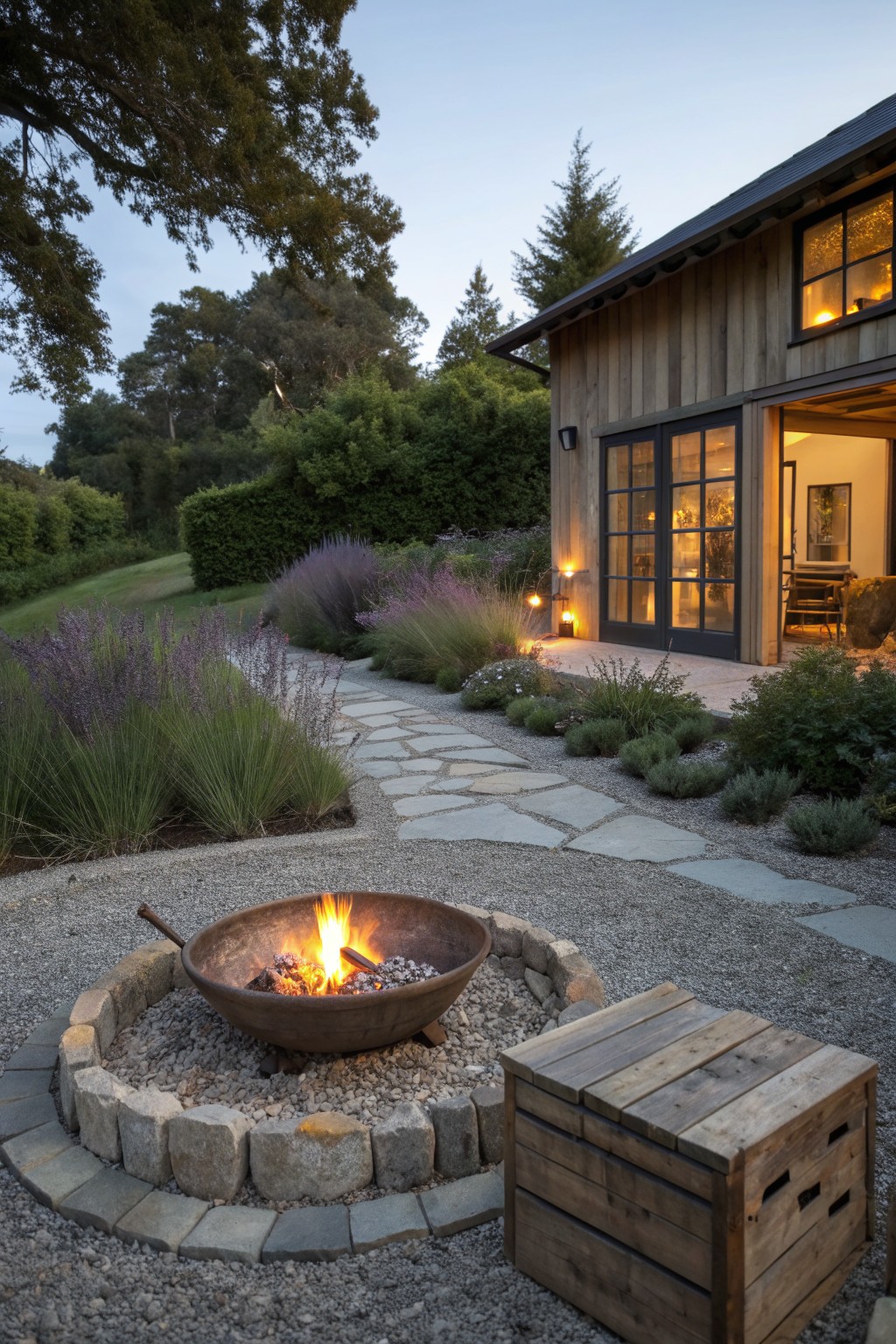 A metal fire pit bowl on gravel with a stone border sits beside a wooden crate bench in front of a wooden house with a stone path and garden plants.