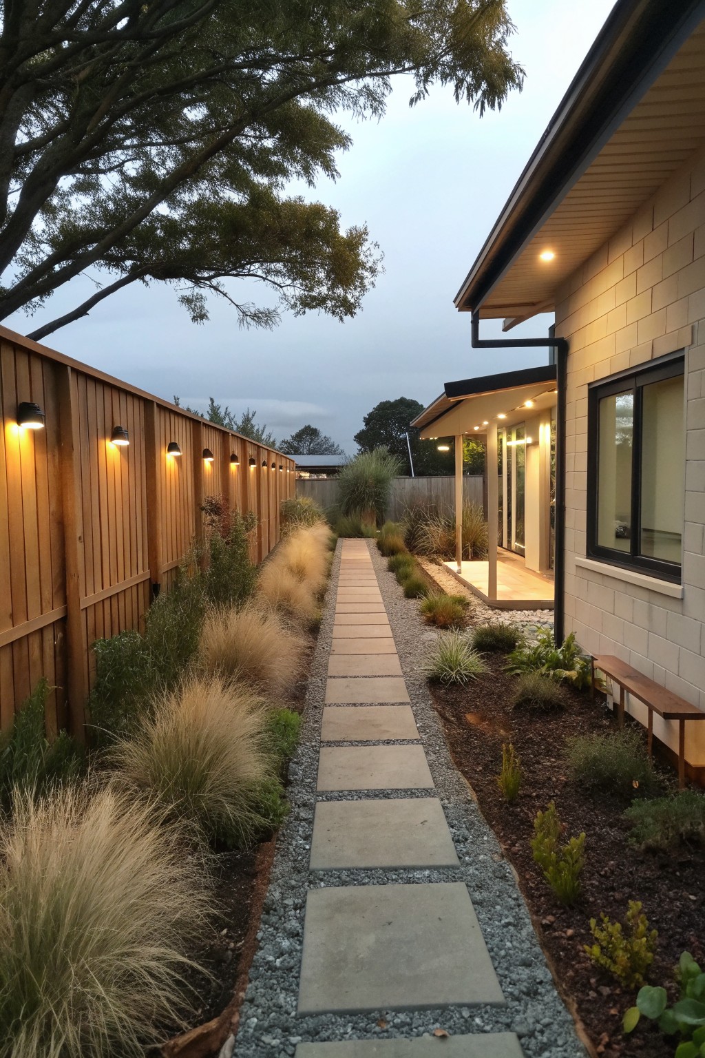 A narrow pathway of rectangular concrete pavers set in gravel runs between a wooden fence and a light brick house, lined with tall ornamental grasses and low shrubs.
