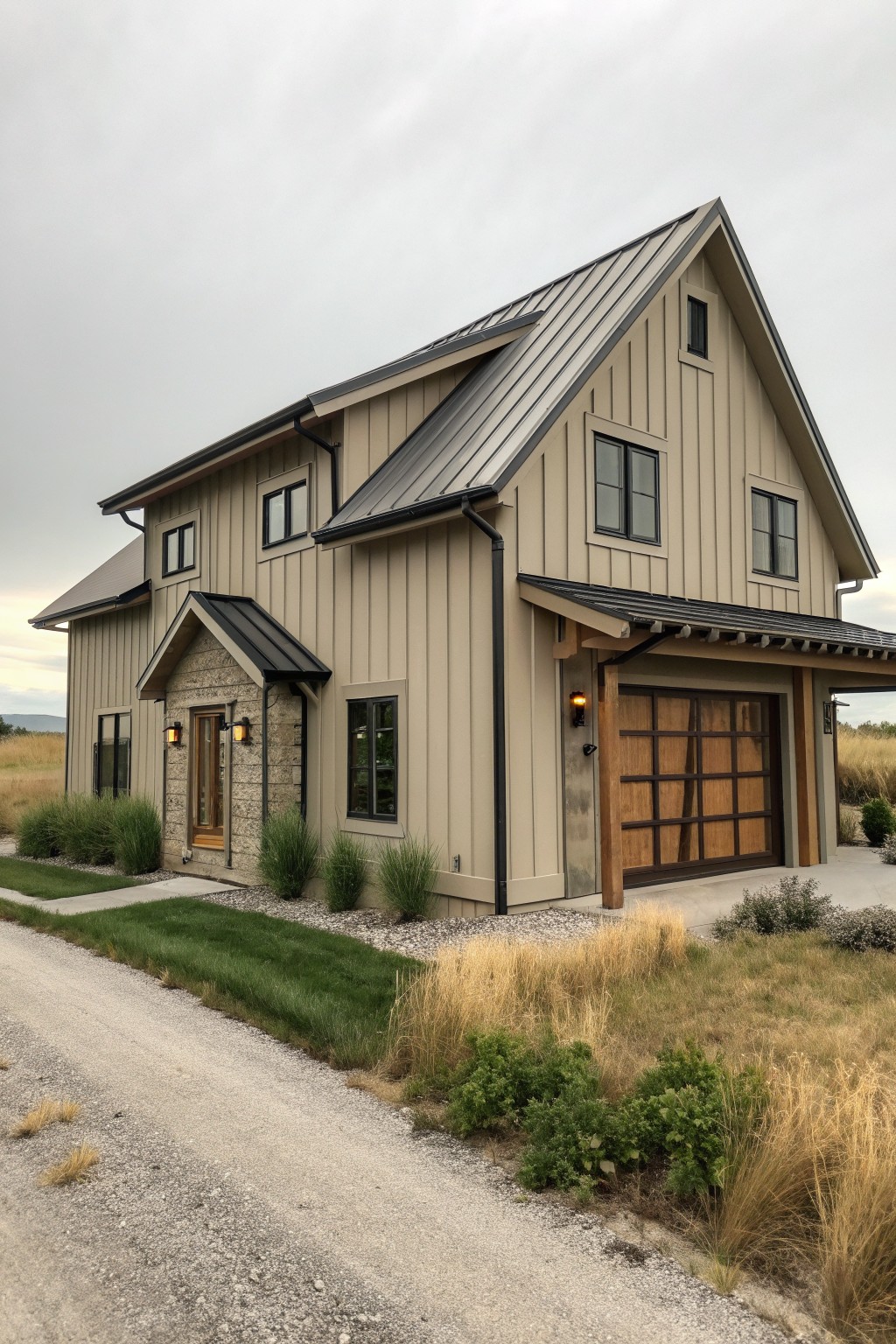 A two-story house with beige vertical siding, a dark metal roof, wood garage door, and stone entry under an overcast sky.