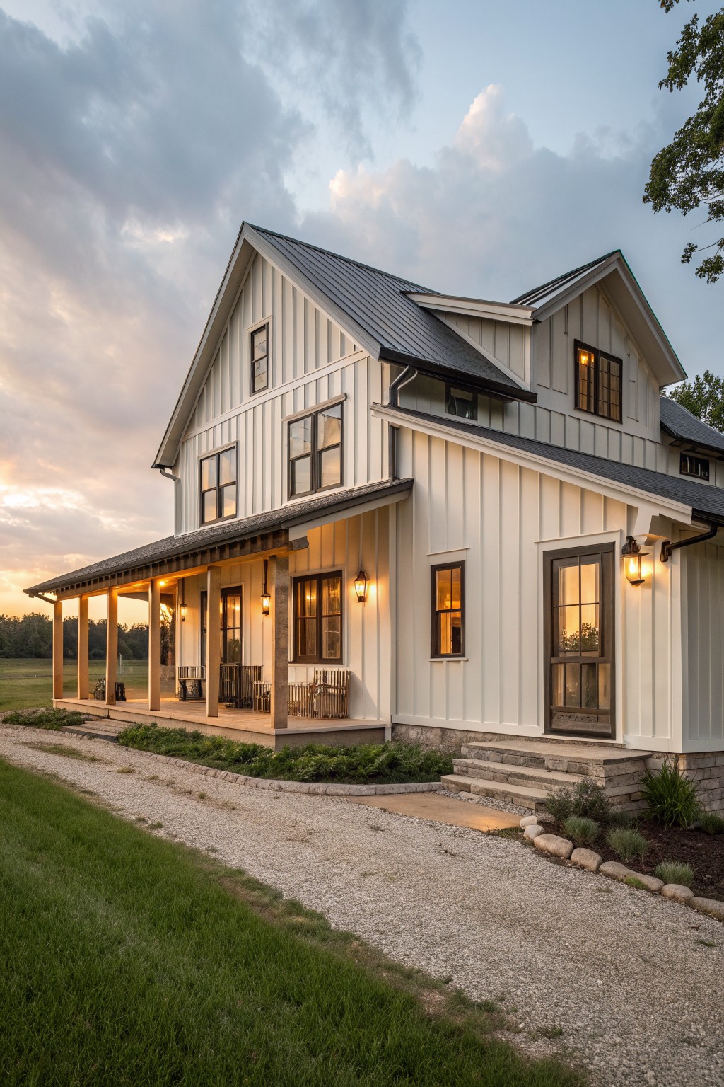 A white two-story farmhouse with board and batten siding, a black metal roof, covered porch, and stone foundation beside a gravel path.