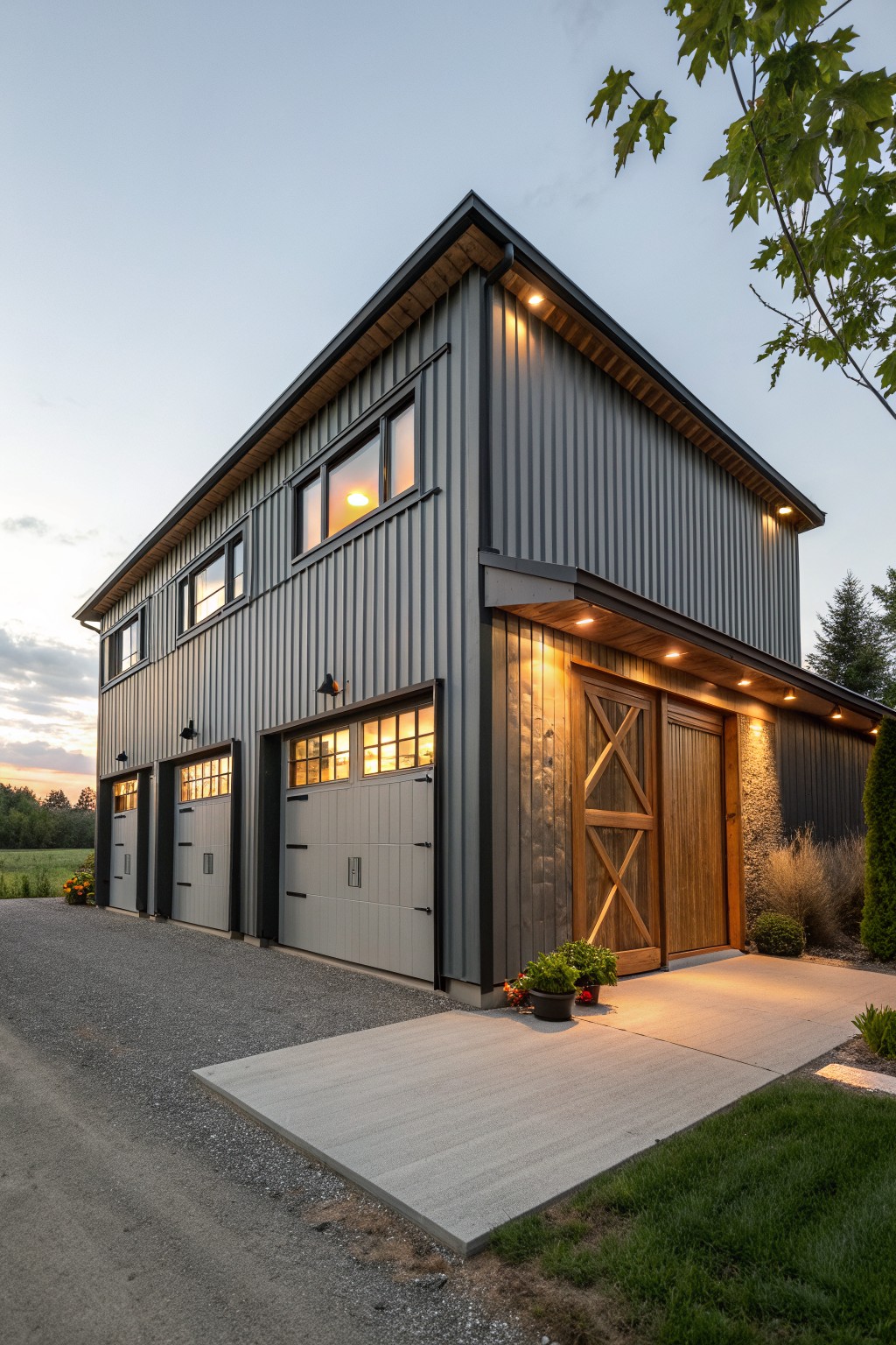 A two-story gray metal-sided building with multiple garage doors, wooden entry doors, and windows at dusk.
