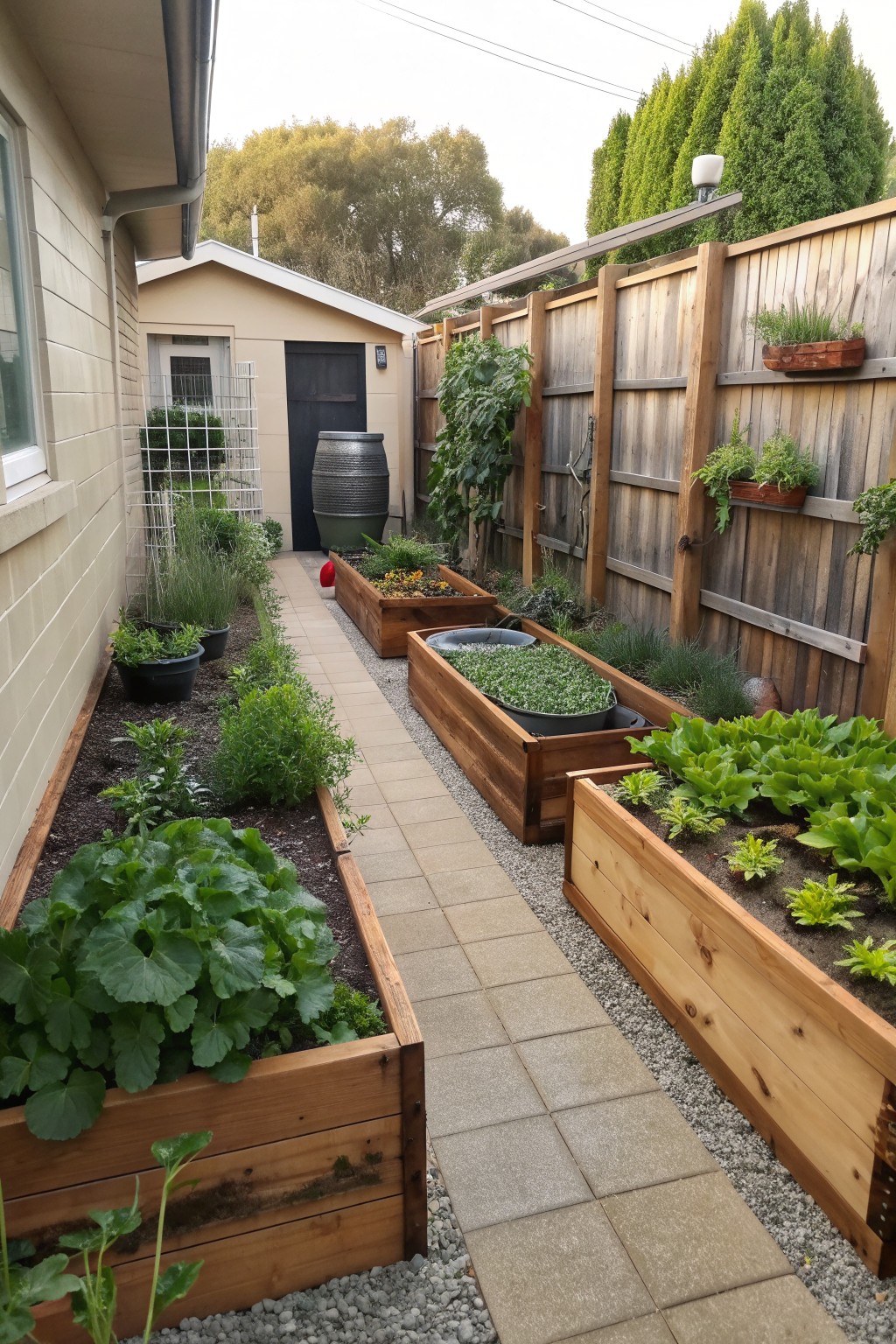 A narrow backyard with wooden raised garden beds lining both sides of a paved path, filled with leafy greens and other plants, next to a house wall and wooden fence.