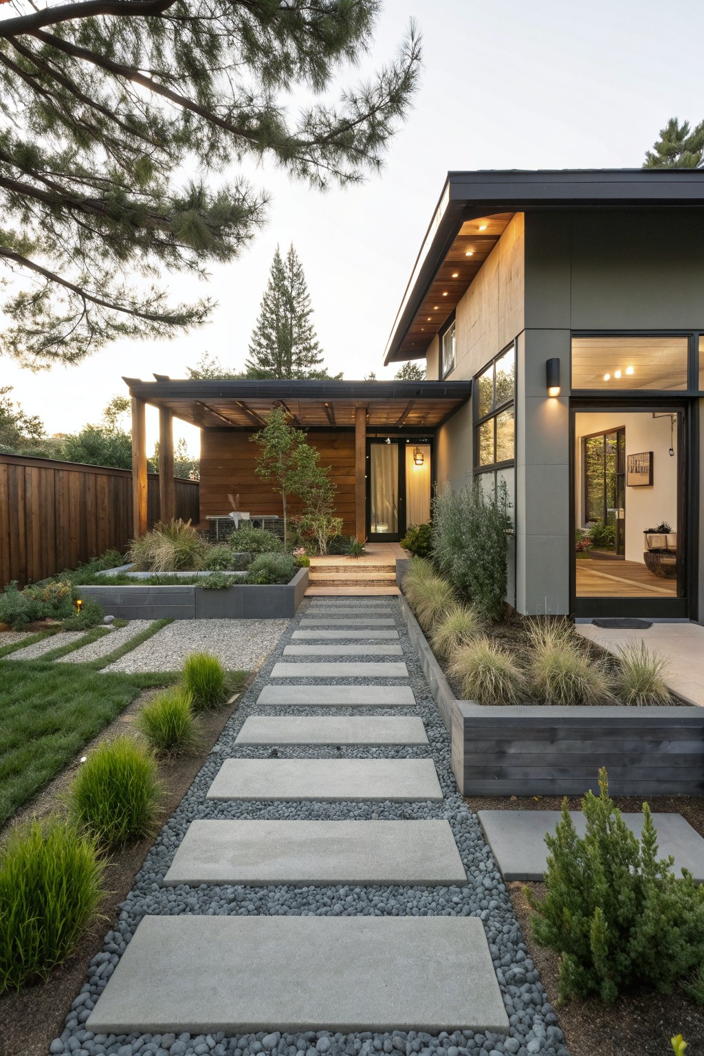 A modern house with a front walkway of large rectangular concrete pavers set in gray gravel, flanked by raised beds planted with ornamental grasses.