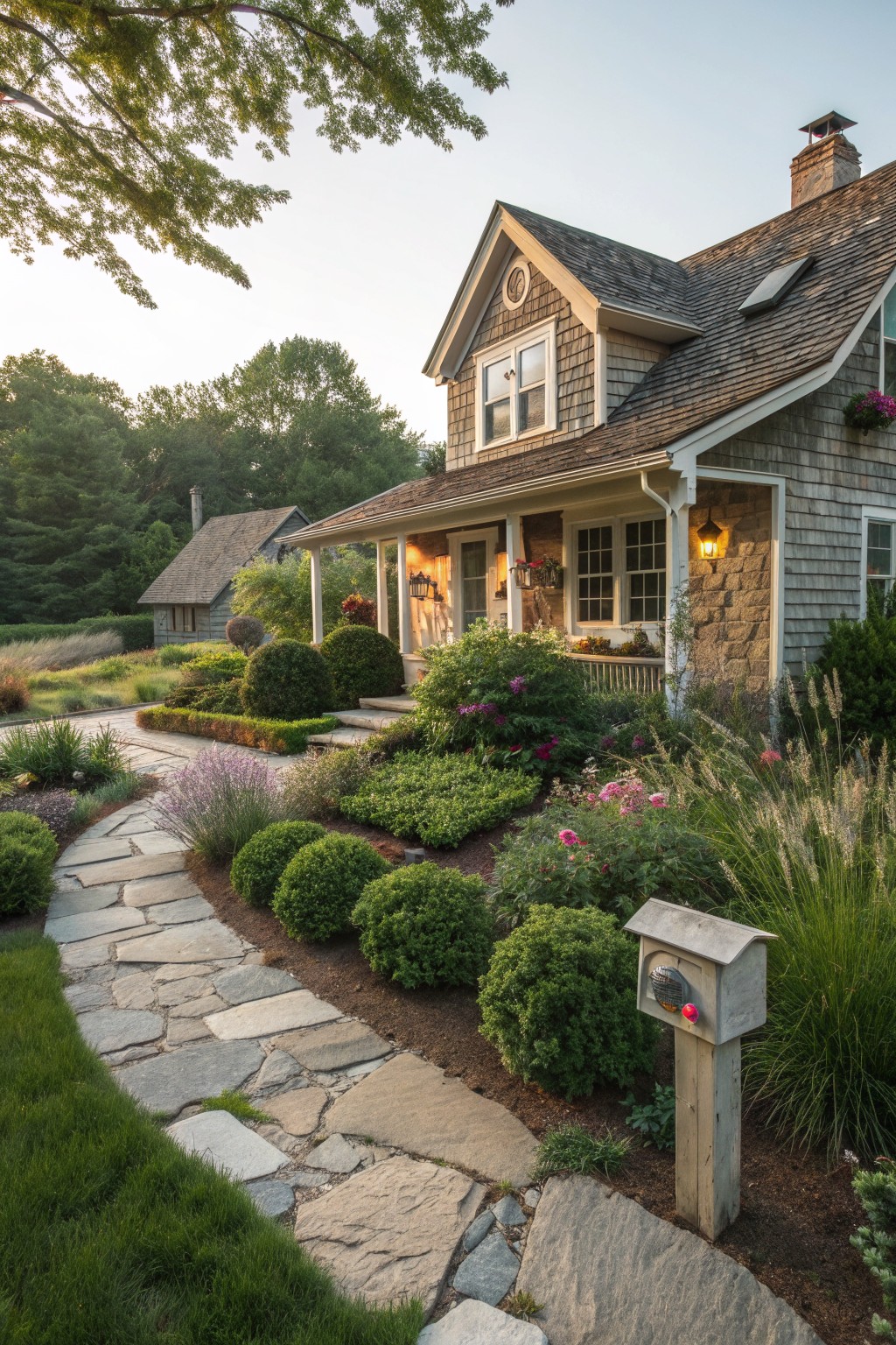 A rustic shingled house with a winding flagstone path bordered by shrubs and grasses leading to the front porch.