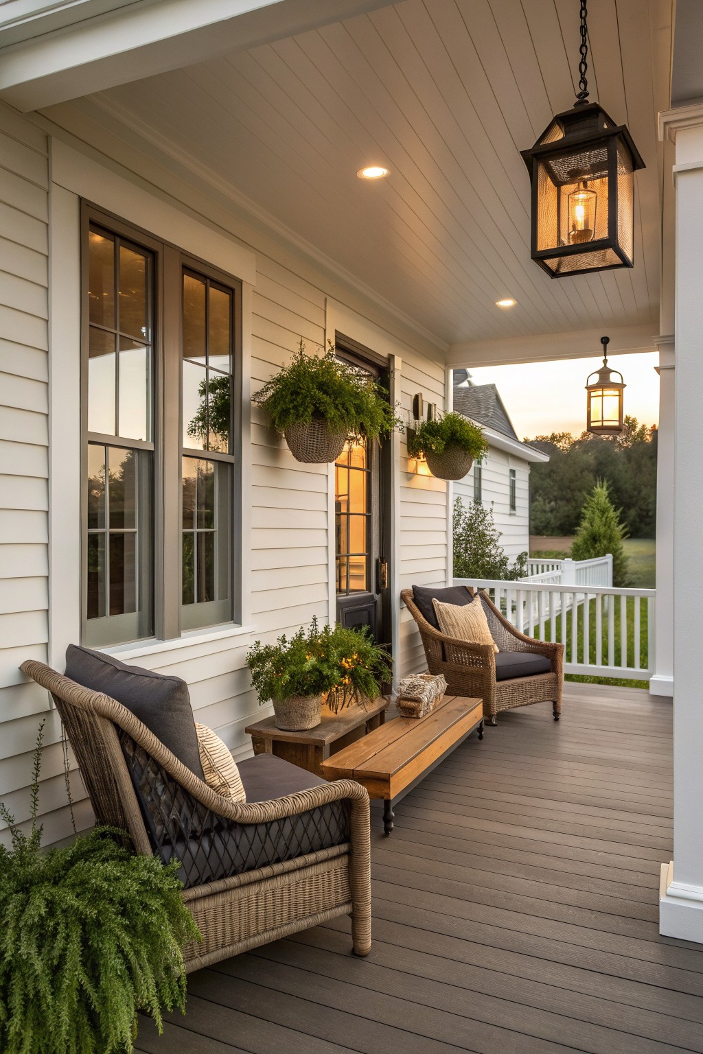 A farmhouse porch with two wicker armchairs, a wooden bench, hanging plants, and two lanterns at dusk.