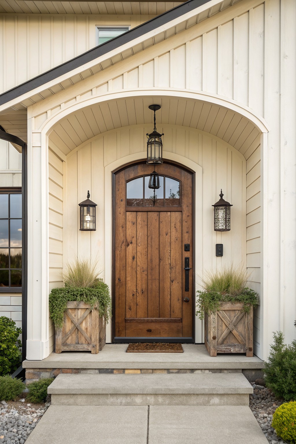 Front entry of a house with a wooden arched door, two wooden planters with greenery on either side, and black wall lanterns mounted on the siding.