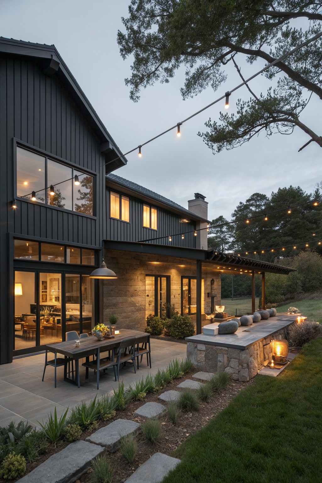 Modern dark house with patio dining table, string lights, and stone fireplace at dusk.