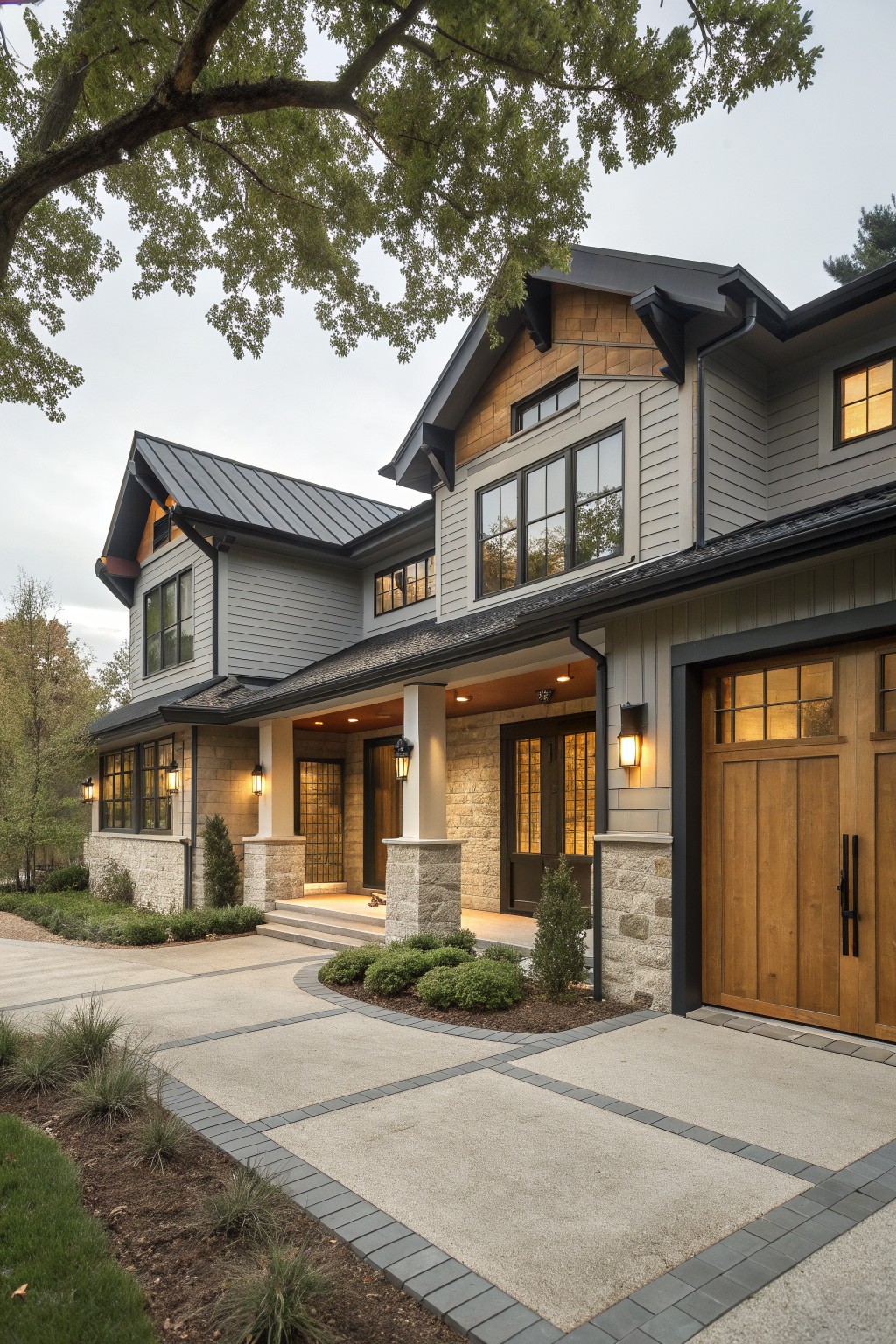 Modern two-story gray house with stone accents, wooden garage door, and landscaped driveway
