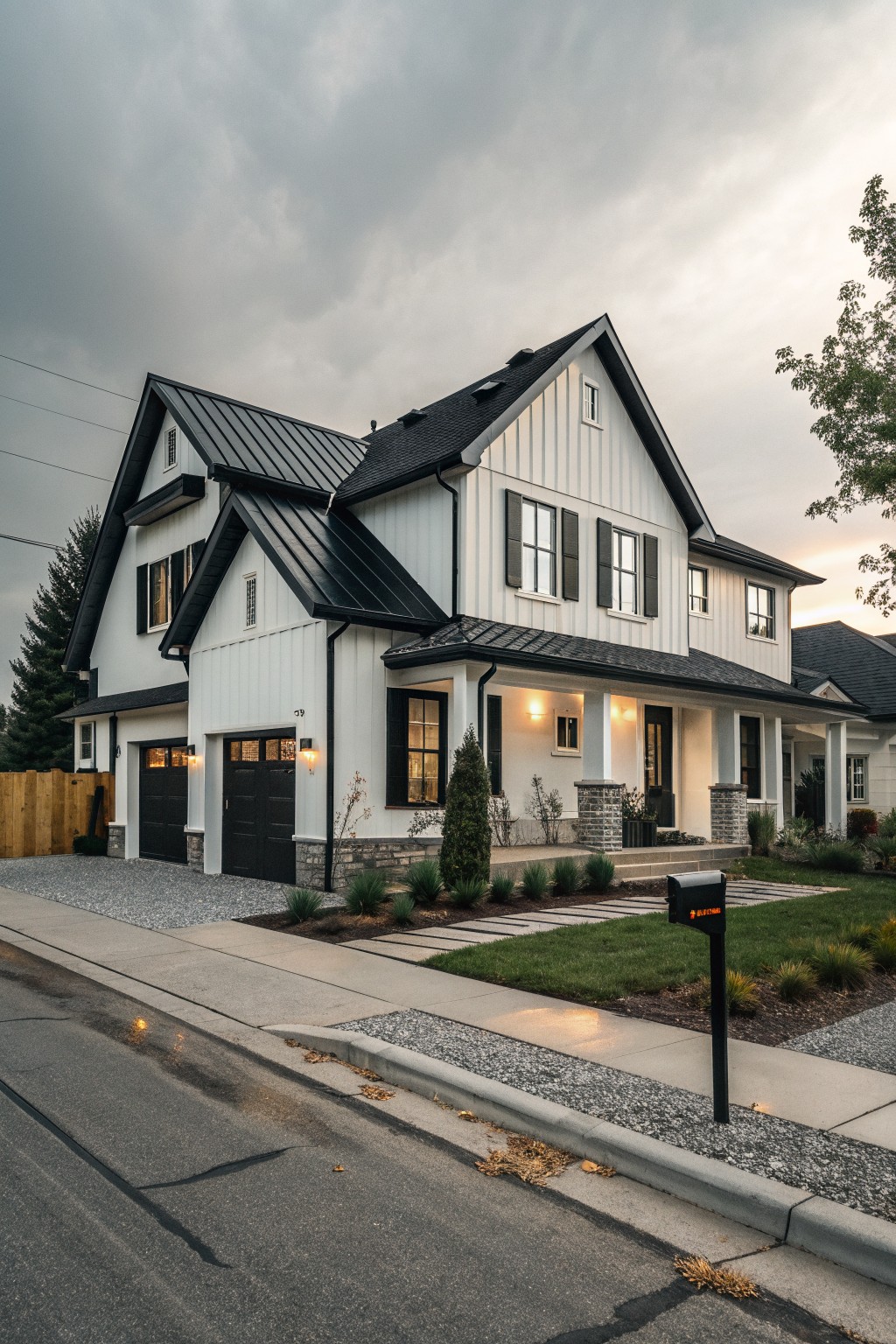 A two-story white farmhouse with black metal roofing, black trim, and a front porch viewed from the street at dusk.