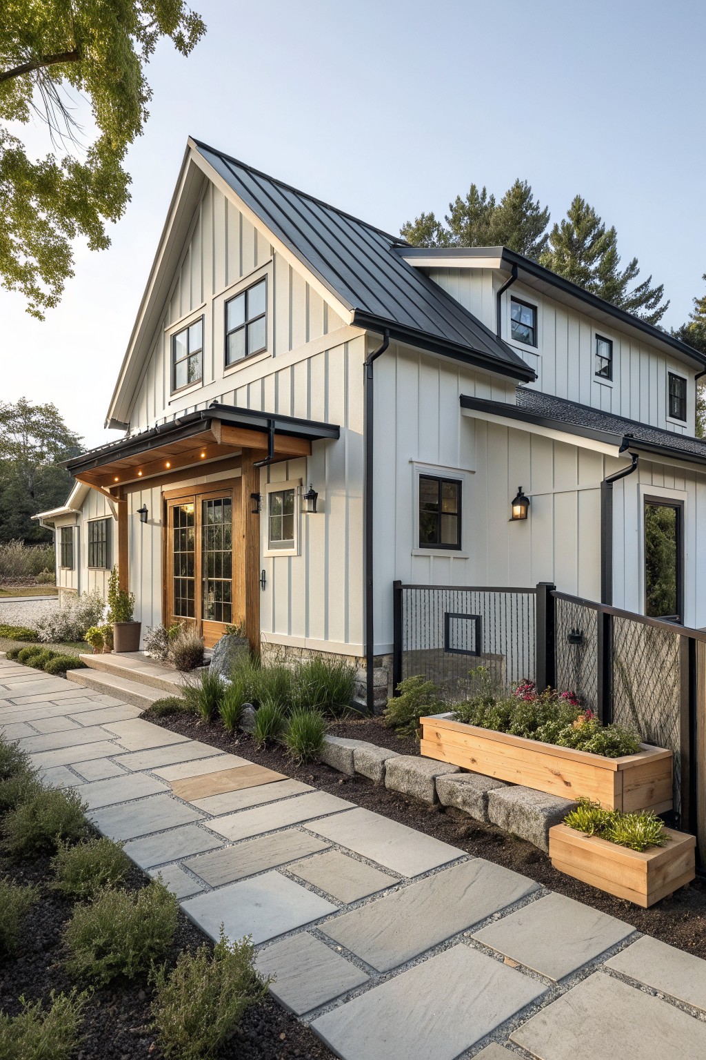 A two-story white farmhouse with black metal roofing, a wooden entry door, and a stone pathway bordered by wooden planters.