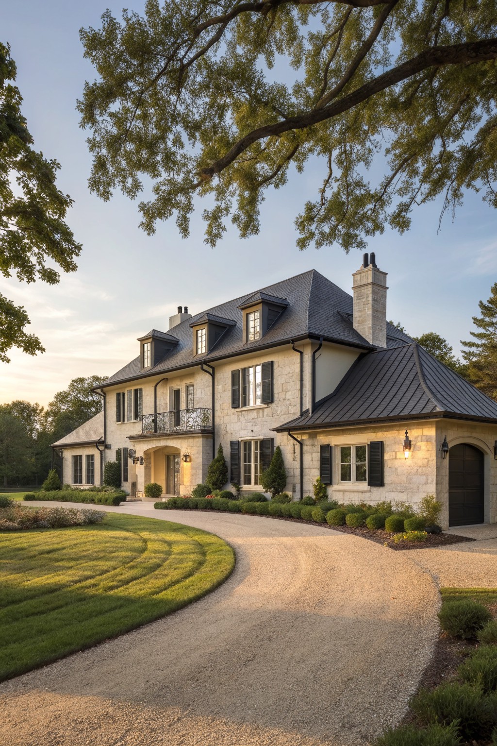 Elegant stone mansion with dark roof, black shutters, and curving gravel driveway at dusk