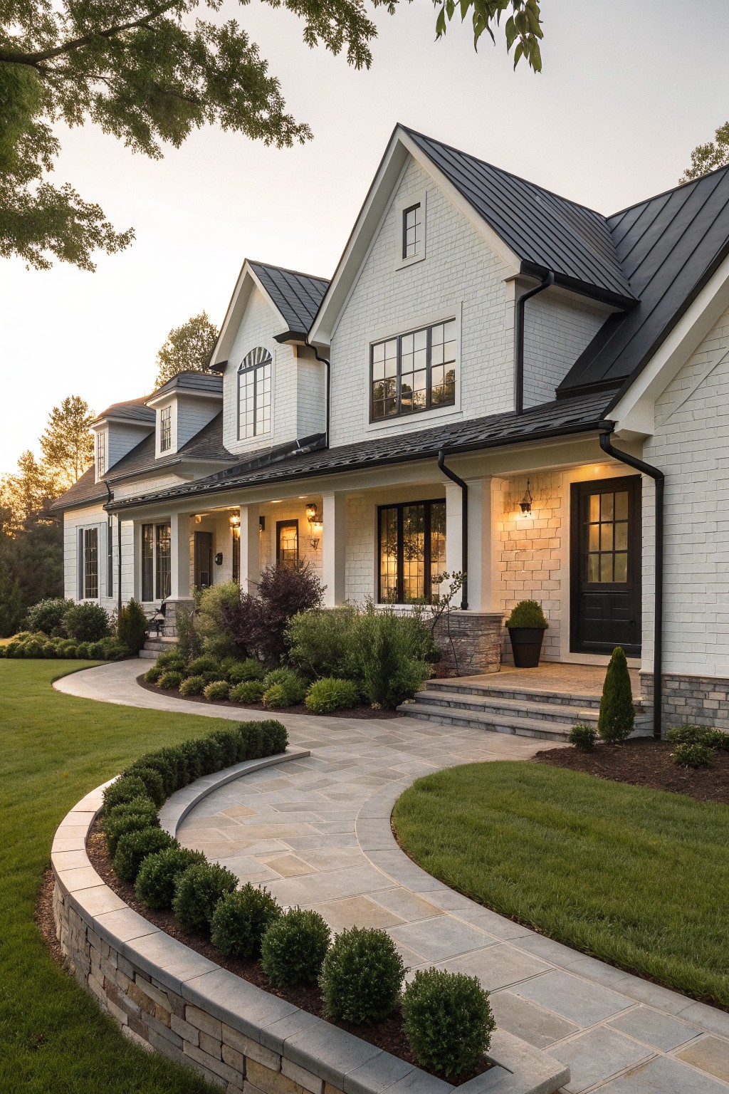 A white brick farmhouse with a black metal roof, a front porch with columns, and a curved stone driveway bordered by shrubs.