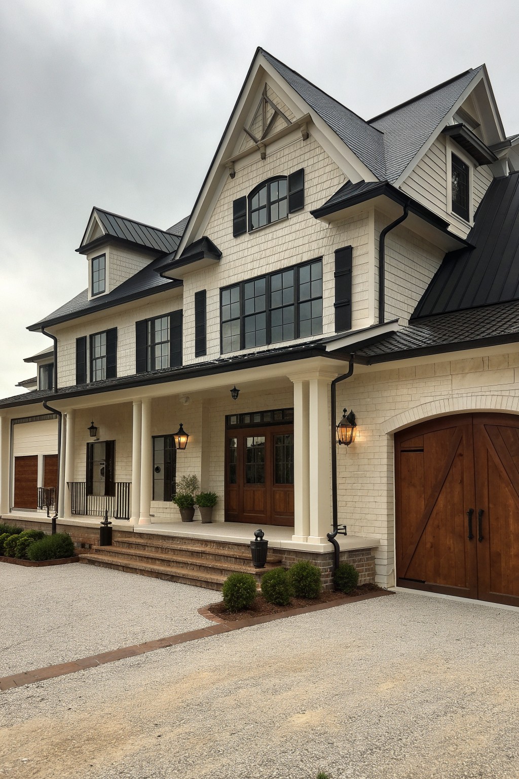 Two-story white house with black shutters, porch columns, and wooden garage doors