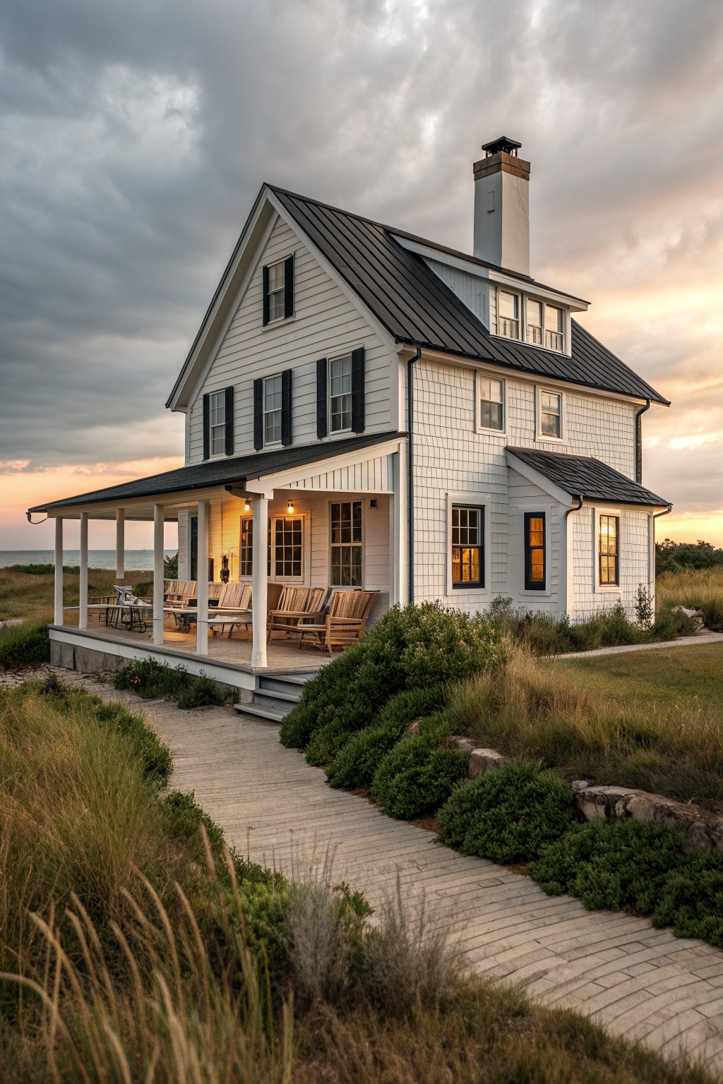 A white two-story farmhouse with black metal roofing, a covered porch, and a stone chimney, set in coastal grass with a wooden walkway.