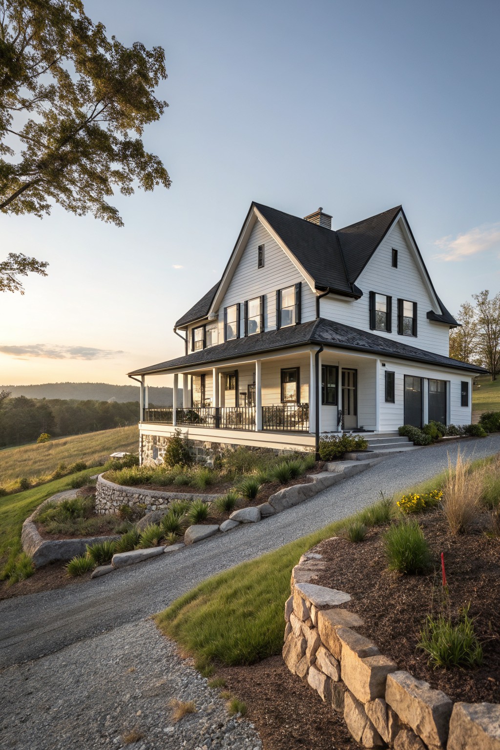 A two-story white farmhouse with black metal roofing, a wraparound porch, and a stone foundation beside a gravel driveway.