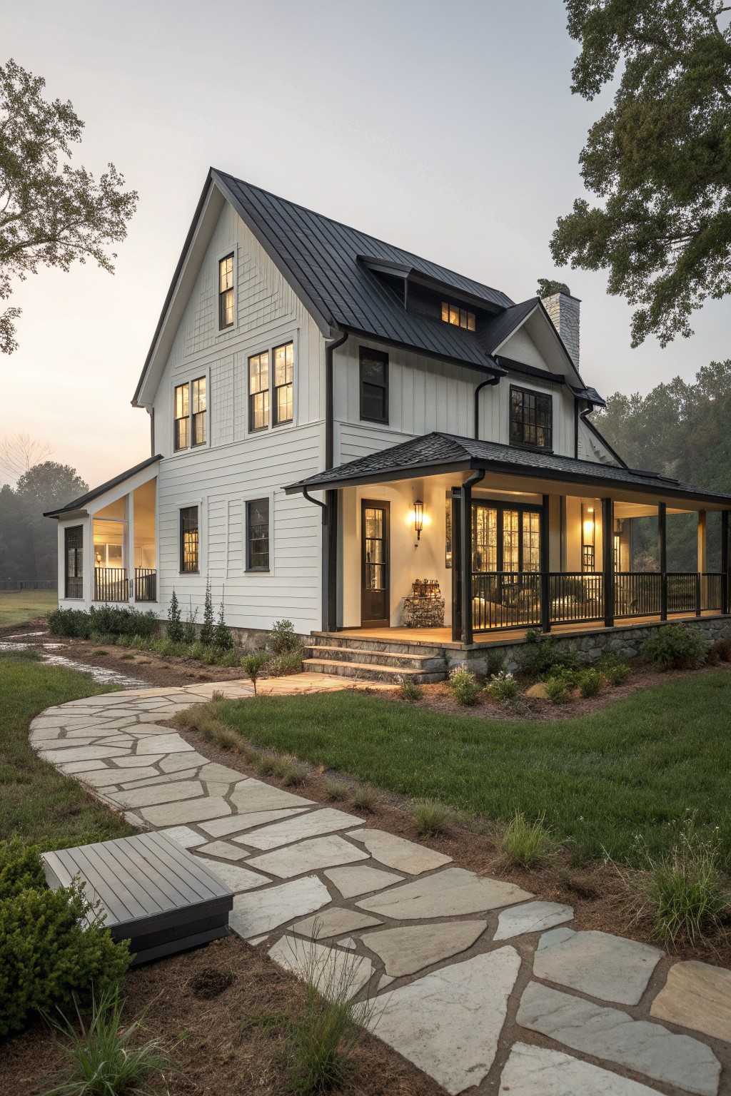White two-story house with black roof, lit porch, and curving stone path at dusk