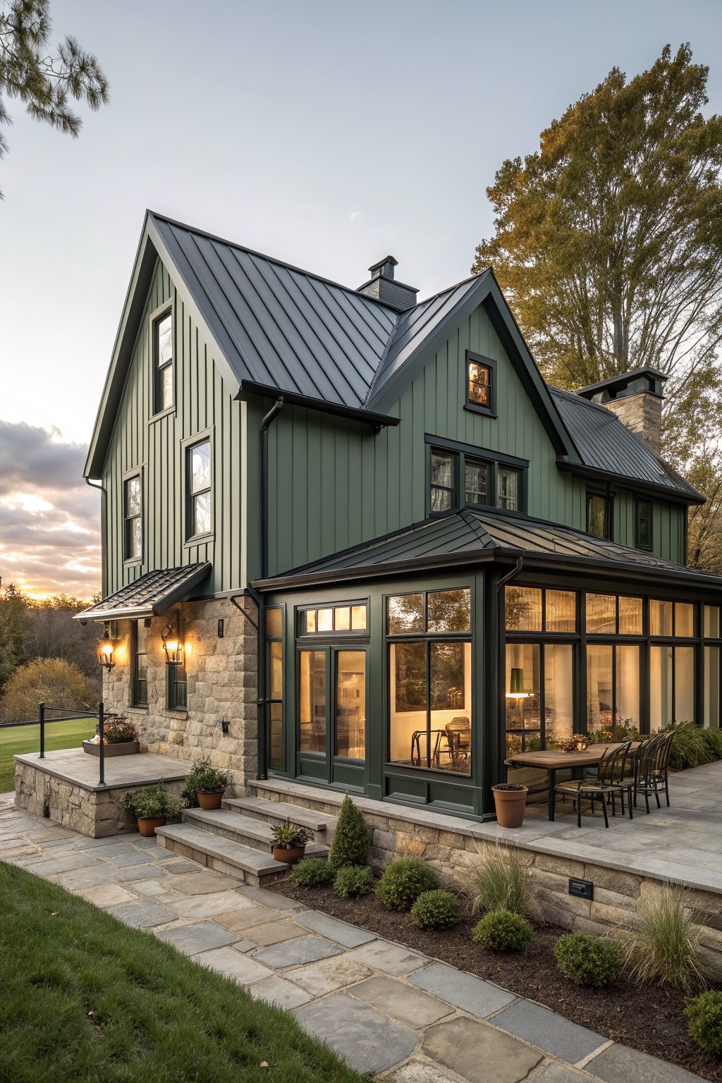 A green two-story farmhouse with a black metal roof, stone foundation, multiple windows, and a connected glass sunroom on a stone patio.