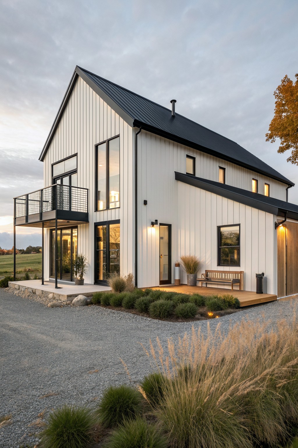 Modern white two-story home with black roof, balcony, deck, and gravel drive.