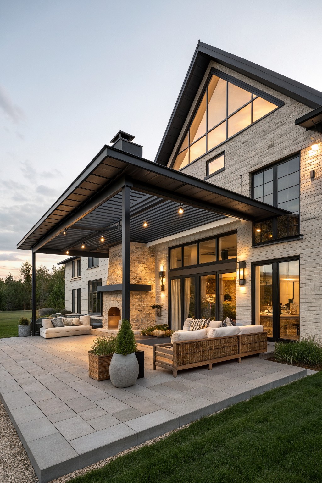 A modern farmhouse exterior with a large covered patio under a black metal roof extension, featuring outdoor seating, a stone fireplace, and large windows.