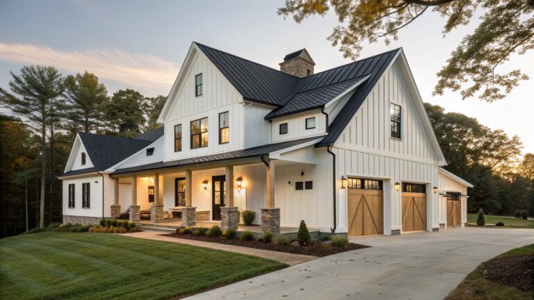 A white two-story farmhouse with a black metal roof, multiple gables, wooden garage doors on the left, and a covered porch with stone steps.