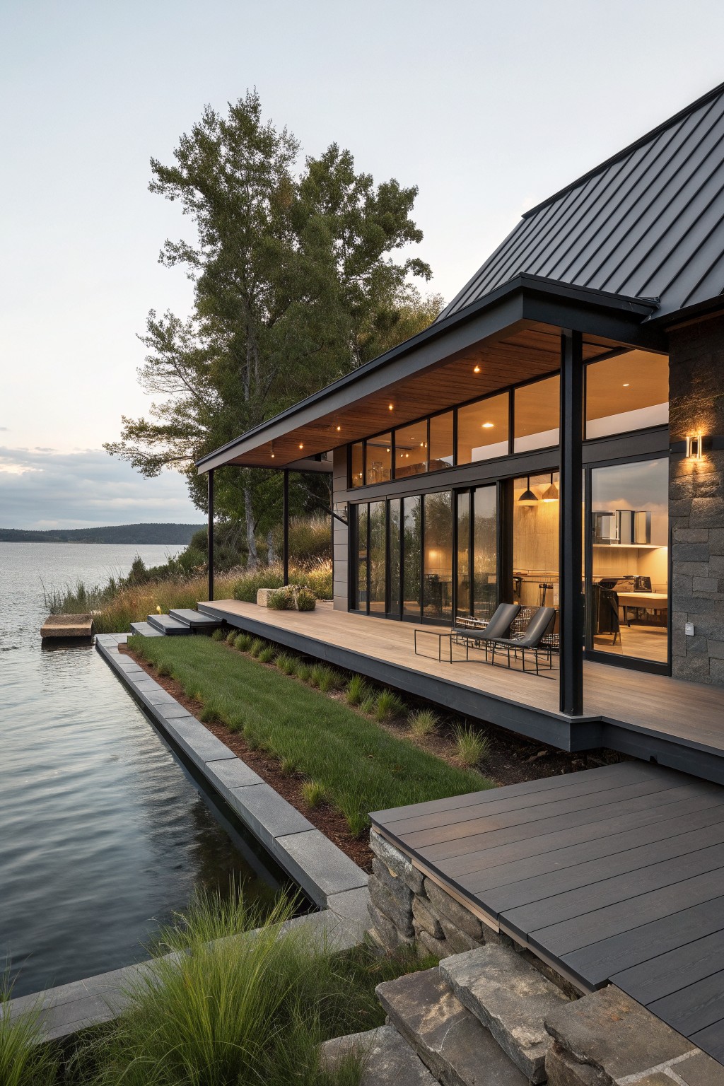 Modern lakeside home with large windows, wooden deck, lounge chairs, and stone steps.