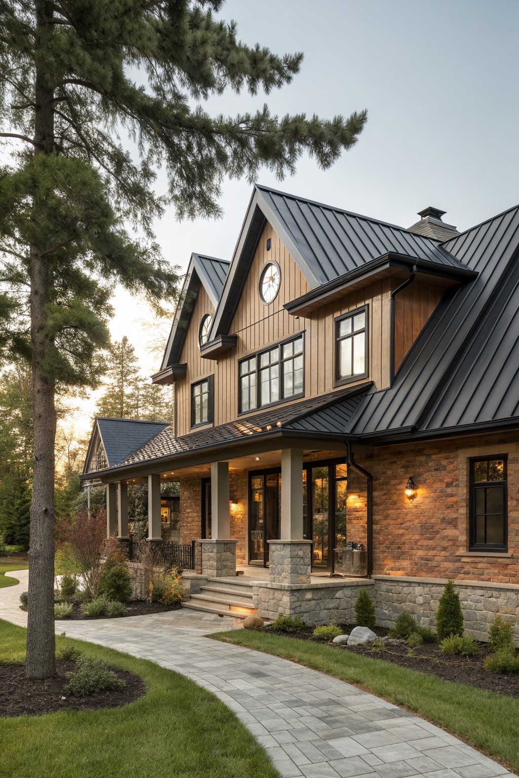 A two-story farmhouse exterior with a black metal roof, vertical wood siding, stone foundation, and a covered front porch supported by stone and wood columns.