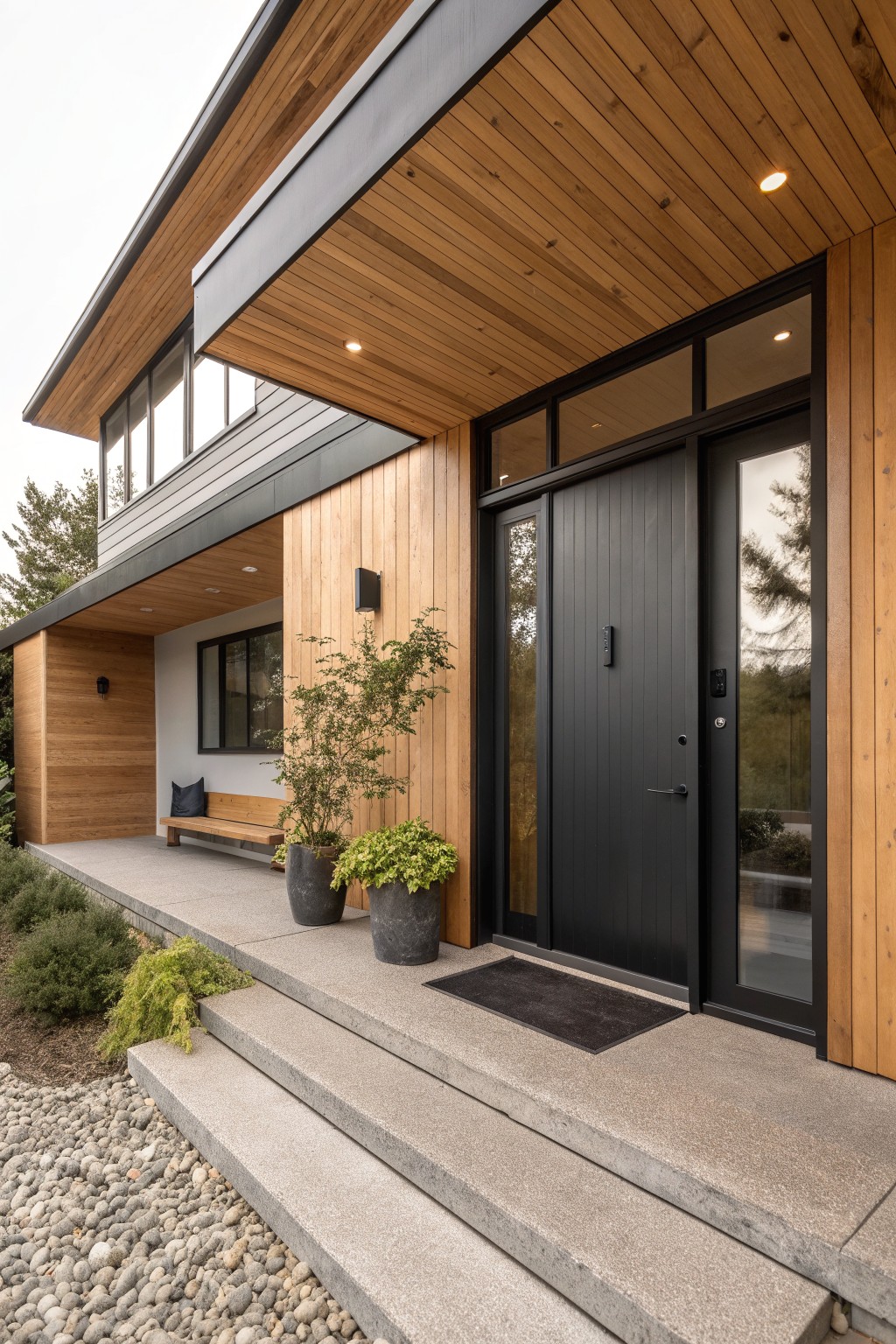 Modern house exterior showing light wood siding, black entry doors with glass panels, concrete steps, and two large potted plants beside the doorway.