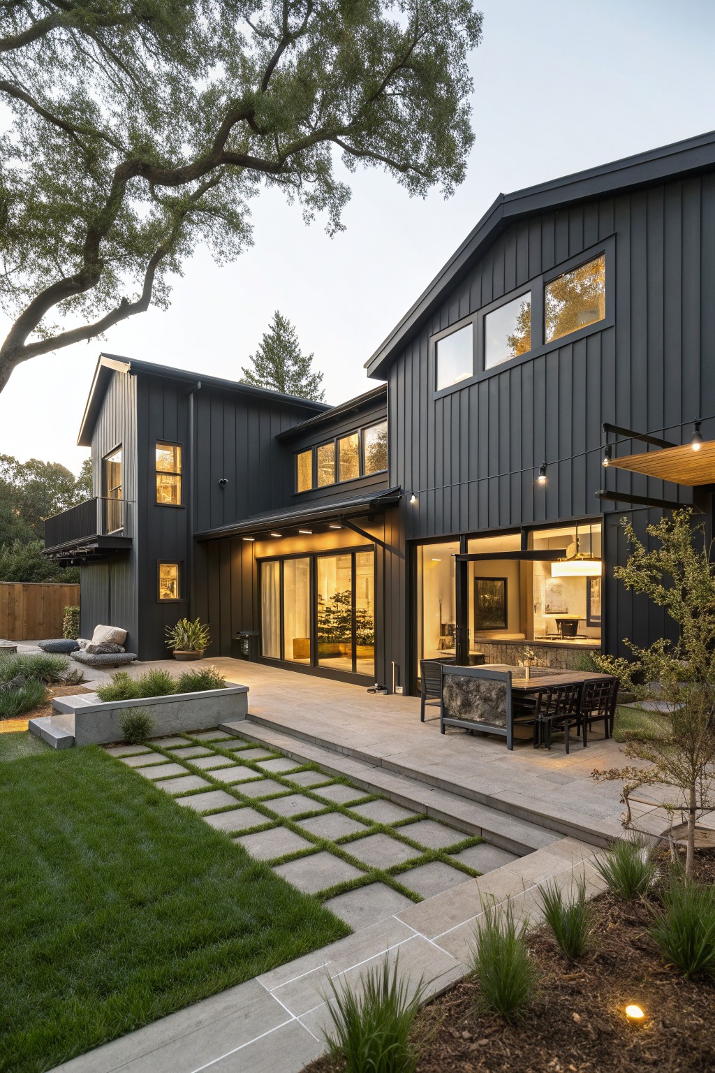 A modern two-story farmhouse with black vertical siding, large glass doors, and an attached stone patio with an outdoor dining table.