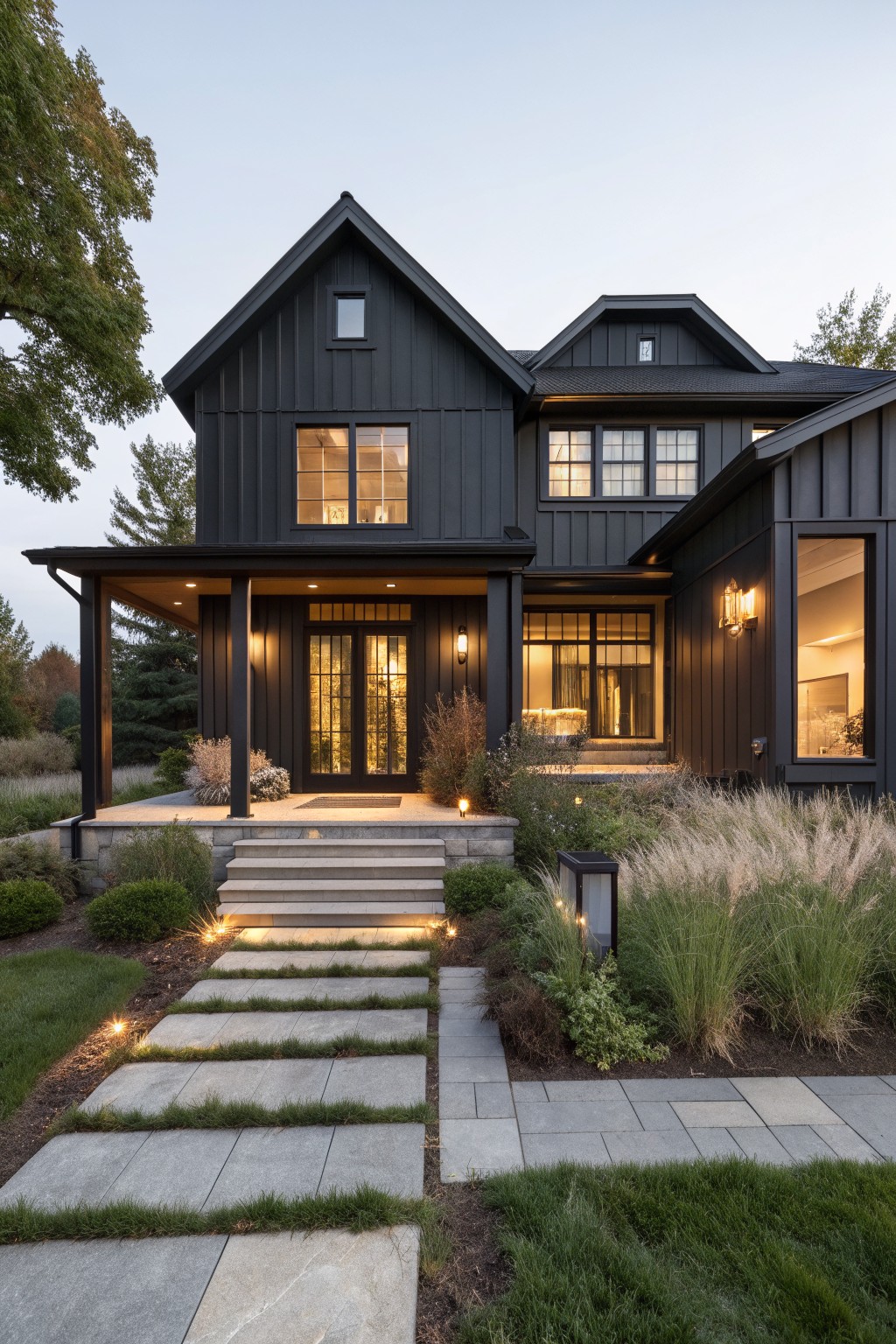A modern black two-story farmhouse with gabled roofs, a covered front porch, double doors, and a stone pathway with grass strips leading to the entrance.