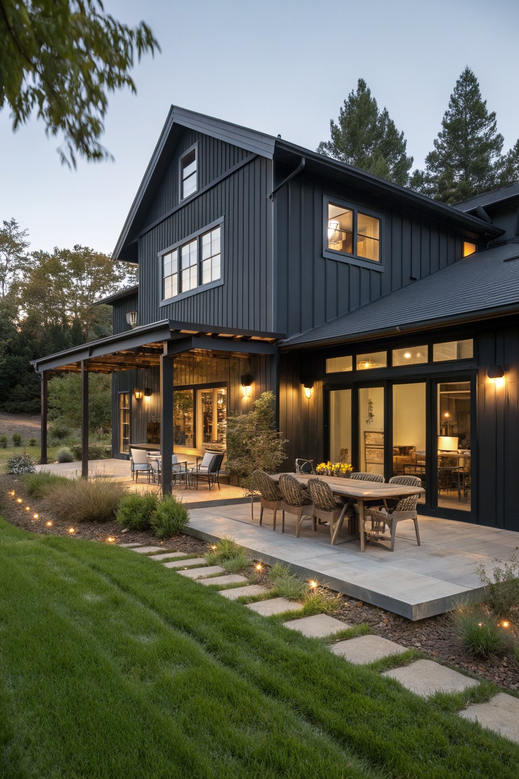 Modern black two-story house with lit patio, dining table, and glowing garden path at dusk.