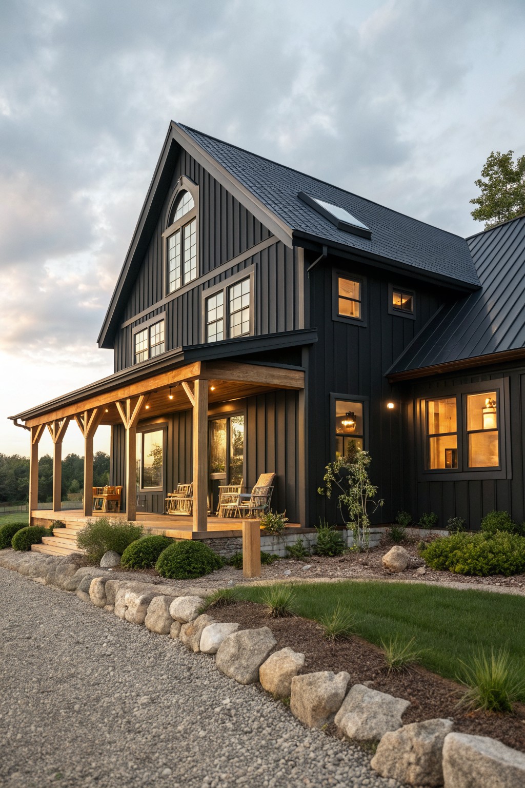 Modern dark wooden house with lit porch, rocking chairs, and stone landscaping at dusk