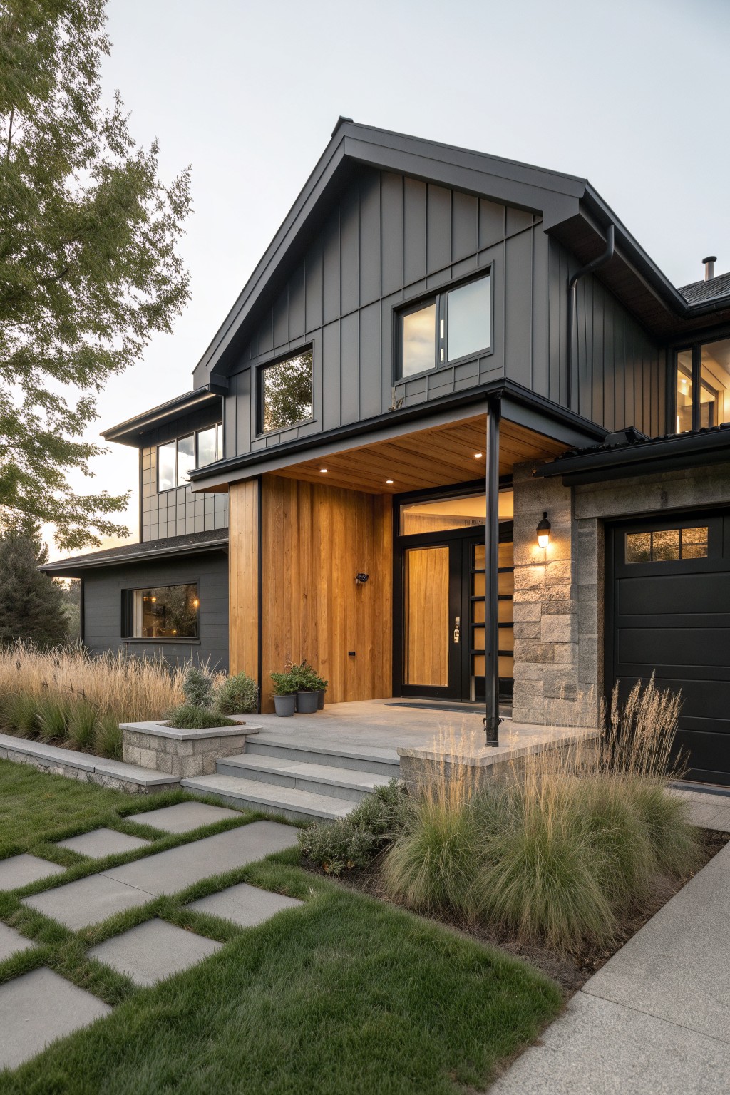 Modern dark gray house with wood accents, stone chimney, and landscaped yard.