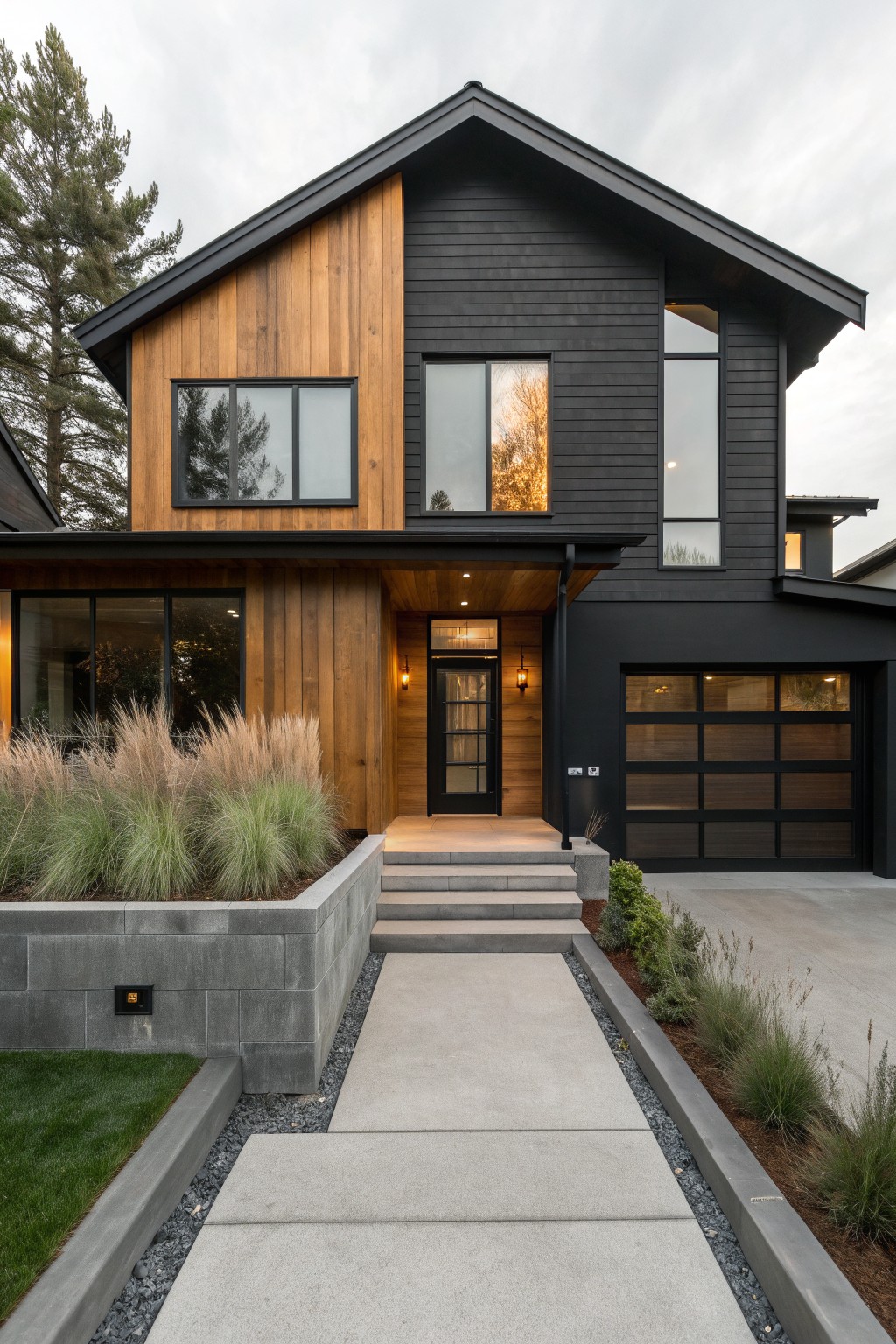 A modern two-story house exterior with black siding on most walls and vertical wood cladding on the left section, a concrete walkway leading to a black front door, and a dark garage door on the right.
