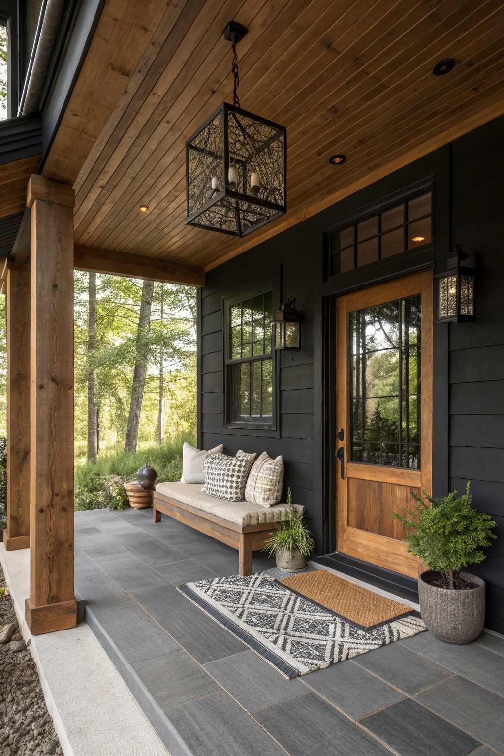 Covered porch with wooden bench, black siding, door, and forest view